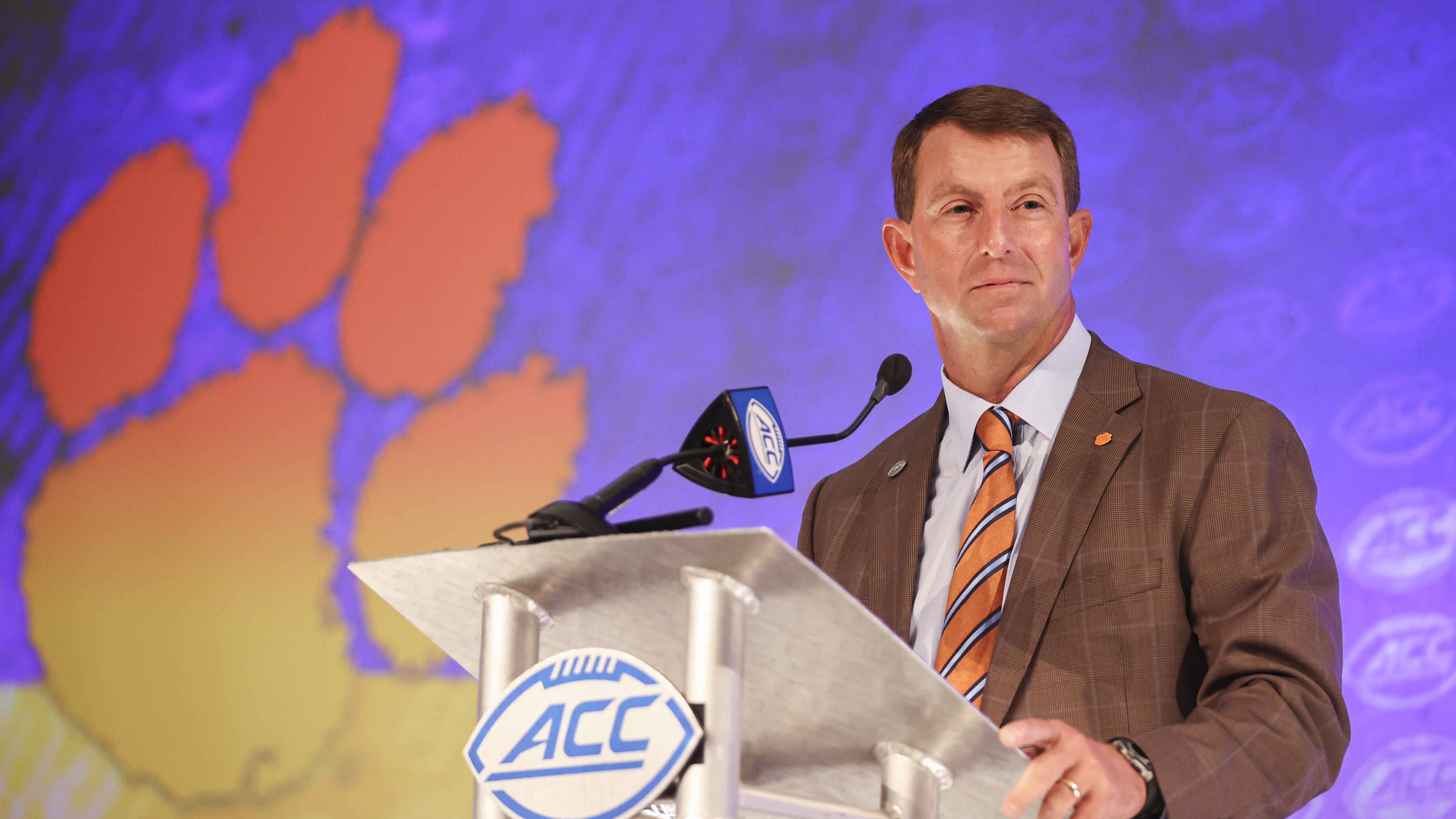 Clemson head coach Dabo Swinney listens to a question during press conference at the Atlantic Coast Conference media days Thursday, July 22, 2021, in Charlotte, N.C. (Nell Redmond/AP)