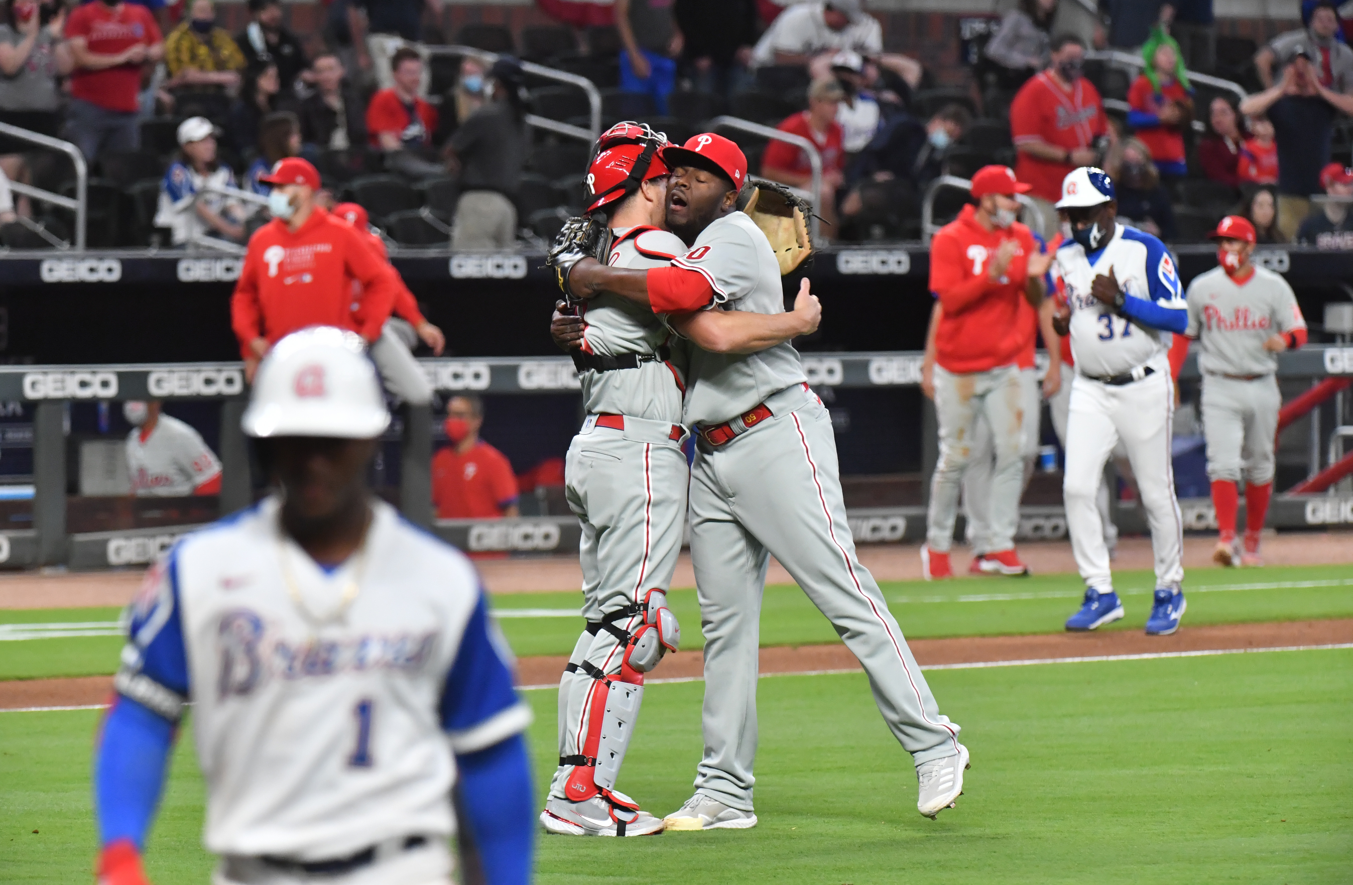 ATLANTA, GA - APRIL 11: Atlanta Braves first baseman Freddie Freeman (5)  with his 2020 NL MVP award prior to the MLB game between the Philadelphia  Phillies and Atlanta Braves on April