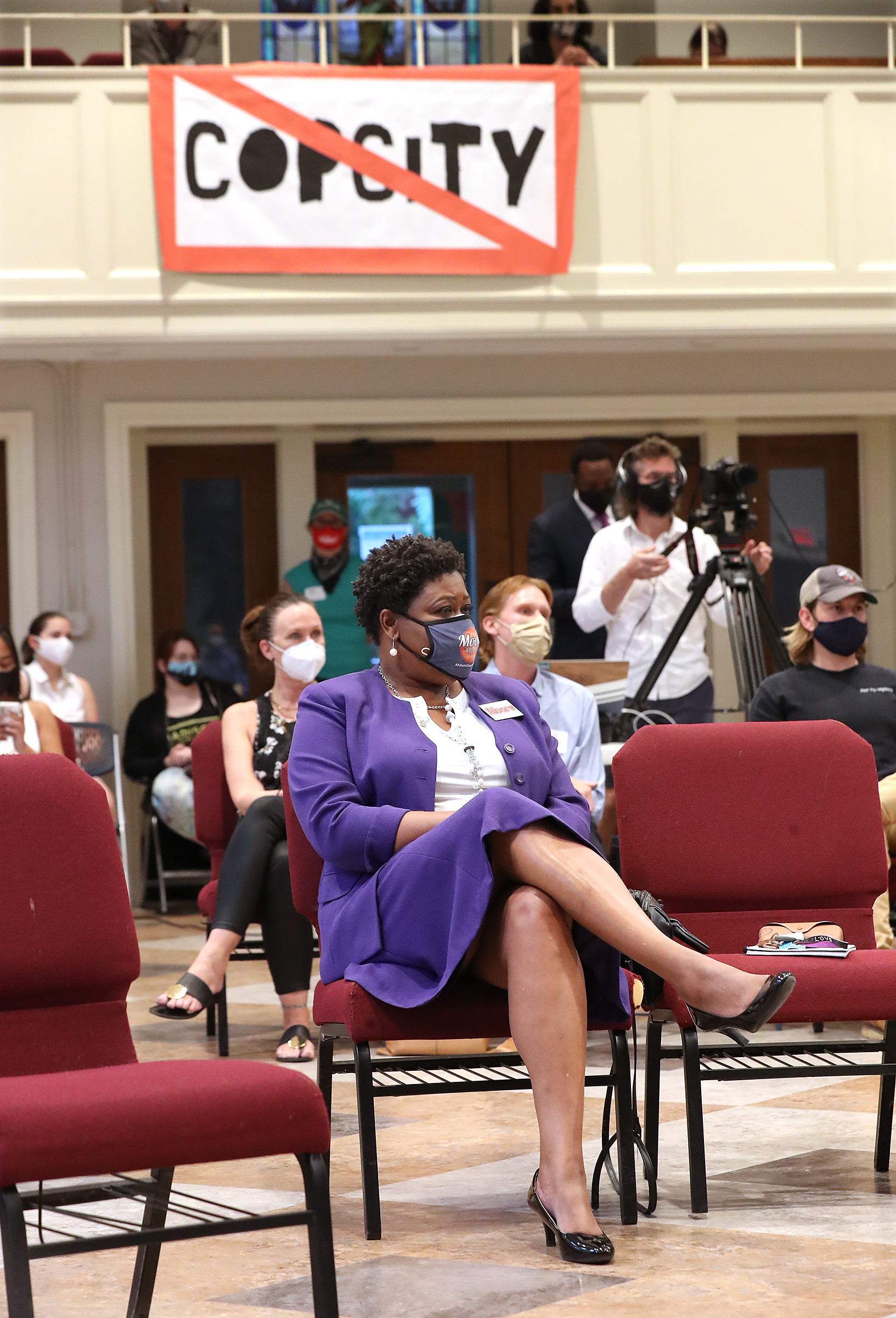 080521 Atlanta: Council President Felicia Moore is socially distanced while attending a town hall meeting held by activists gathering public input in opposition to the plans for a new police and fire training facility in DeKalb County at Neighborhood Church on Thursday, August 5, 2021, in Atlanta. “Curtis Compton / Curtis.Compton@ajc.com”