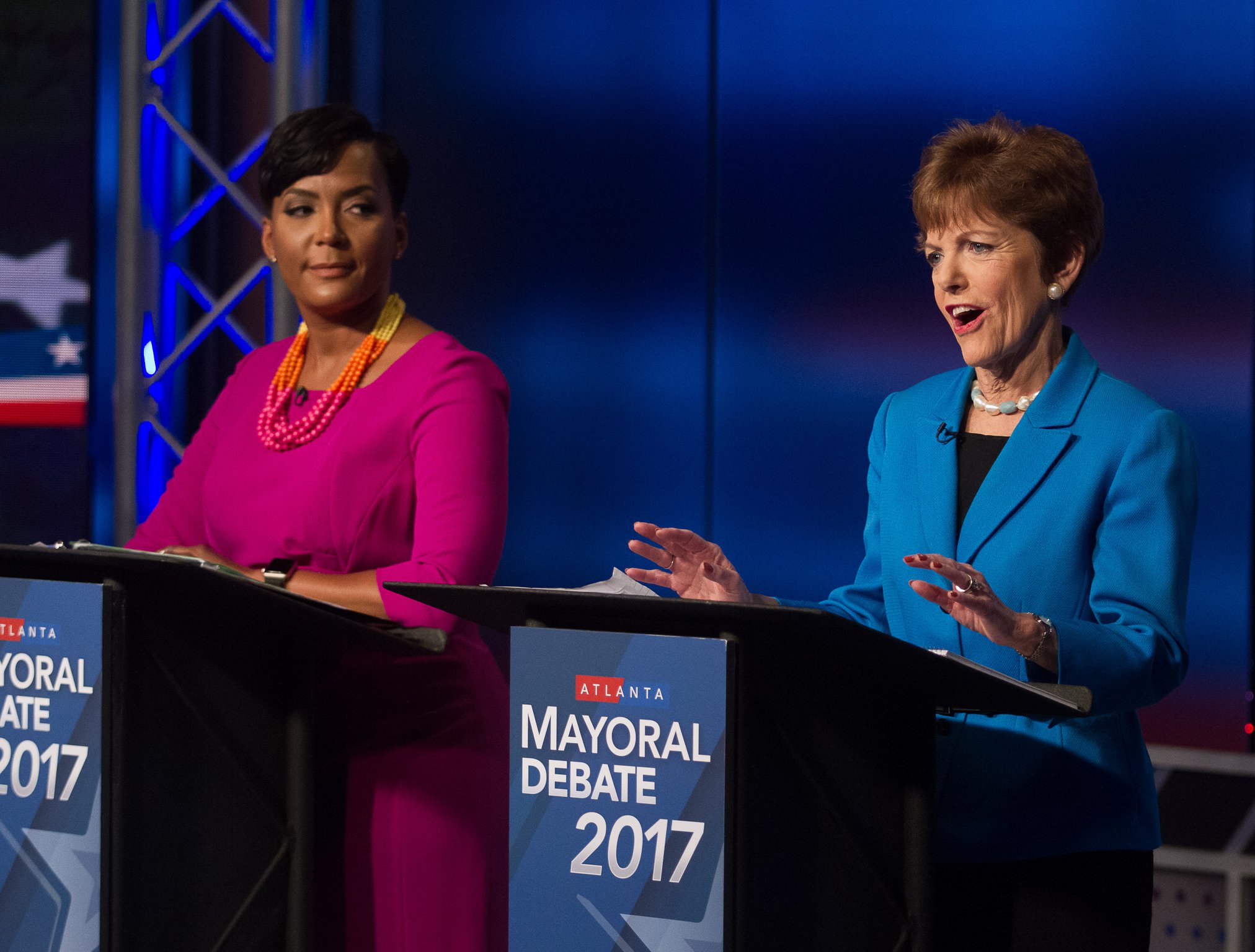 Keisha Lance Bottoms, left, and Mary Norwood during the WSB-TV Atlanta mayoral debate on December 3, 2017, in Atlanta.