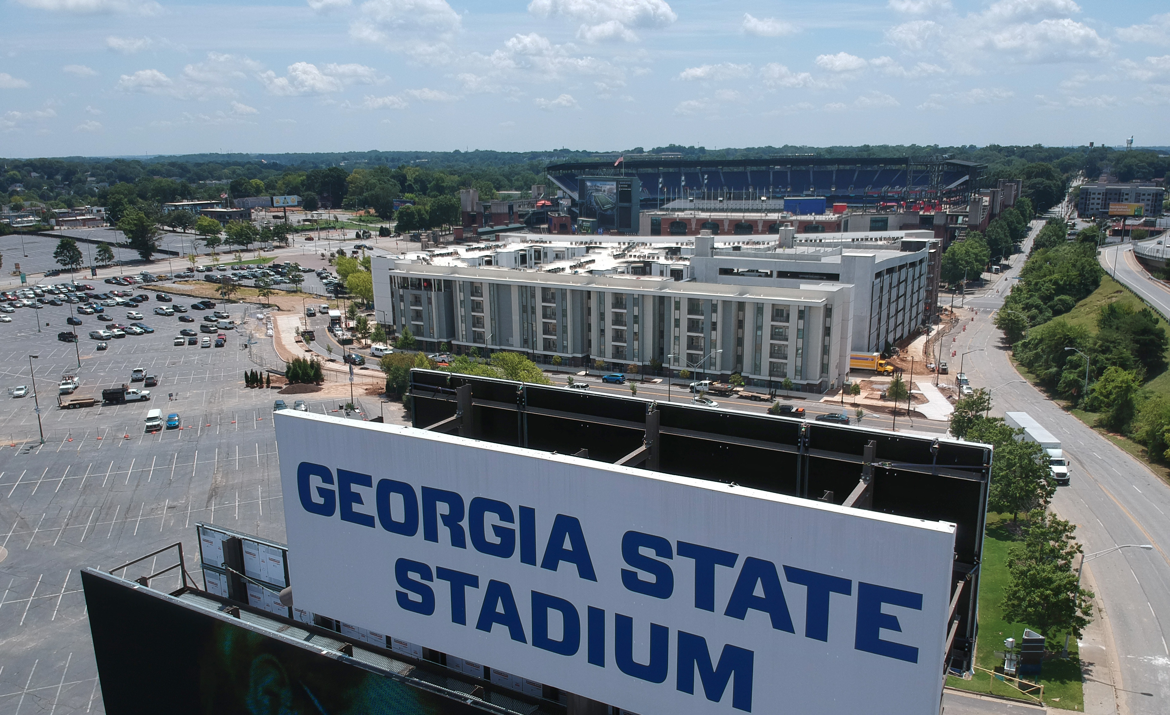 Aerial photography shows constructions around Georgia State Stadium on Wednesday, August 14, 2019.