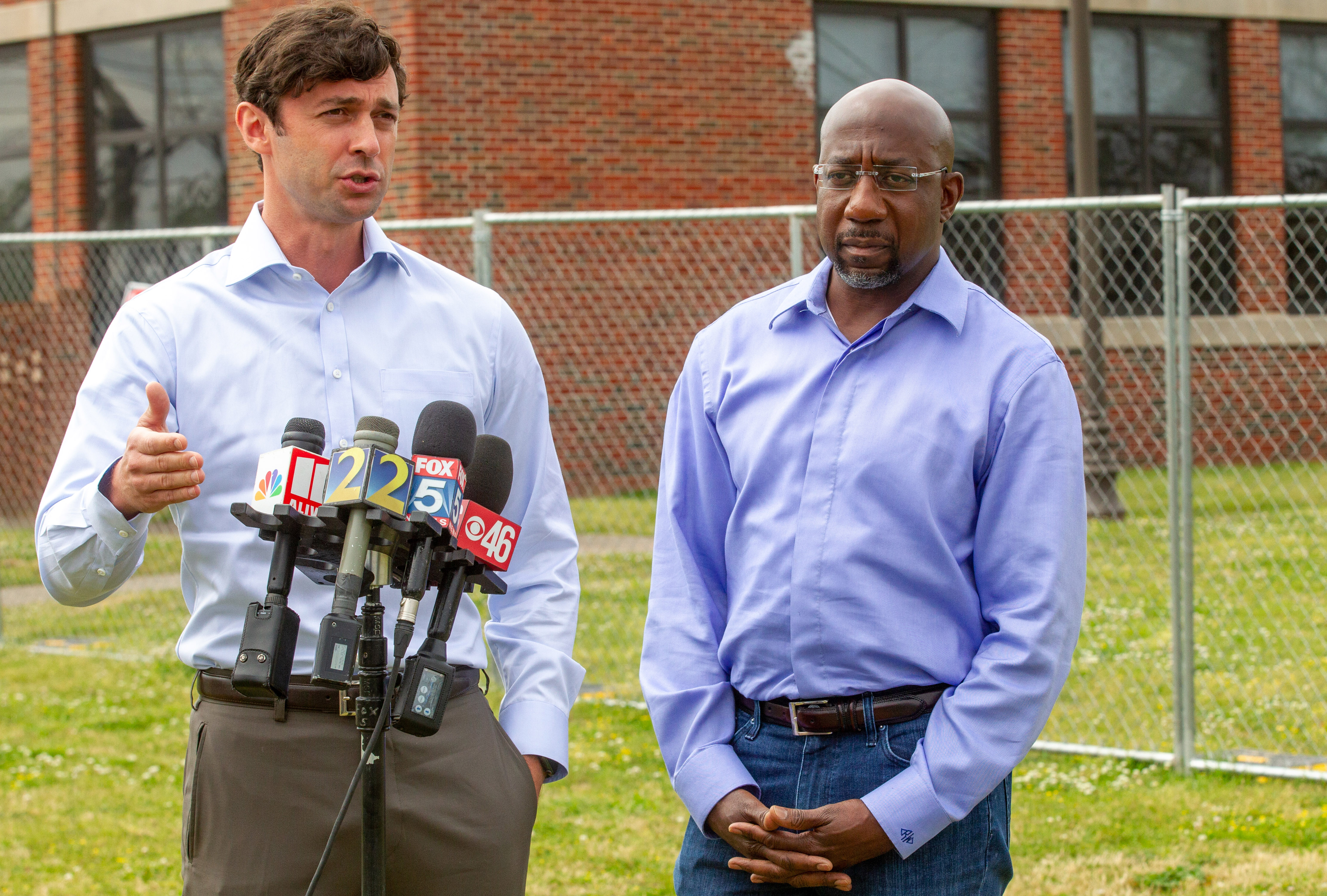 Georgia U.S. Sens. Jon Ossoff (left) and Raphael Warnock say they will honor the request by U.S. Sen. Chris Murphy, D-Connecticut, to wait patiently while talks continue on a bipartisan effort to produce gun control legislation. Warnock said Democrats won't get everything they want, but it's important that something gets done following last month's mass shooting at a Uvalde, Texas, elementary school that killed 19 children and two teachers. (Photo: Steve Schaefer for The Atlanta Journal-Constitution)