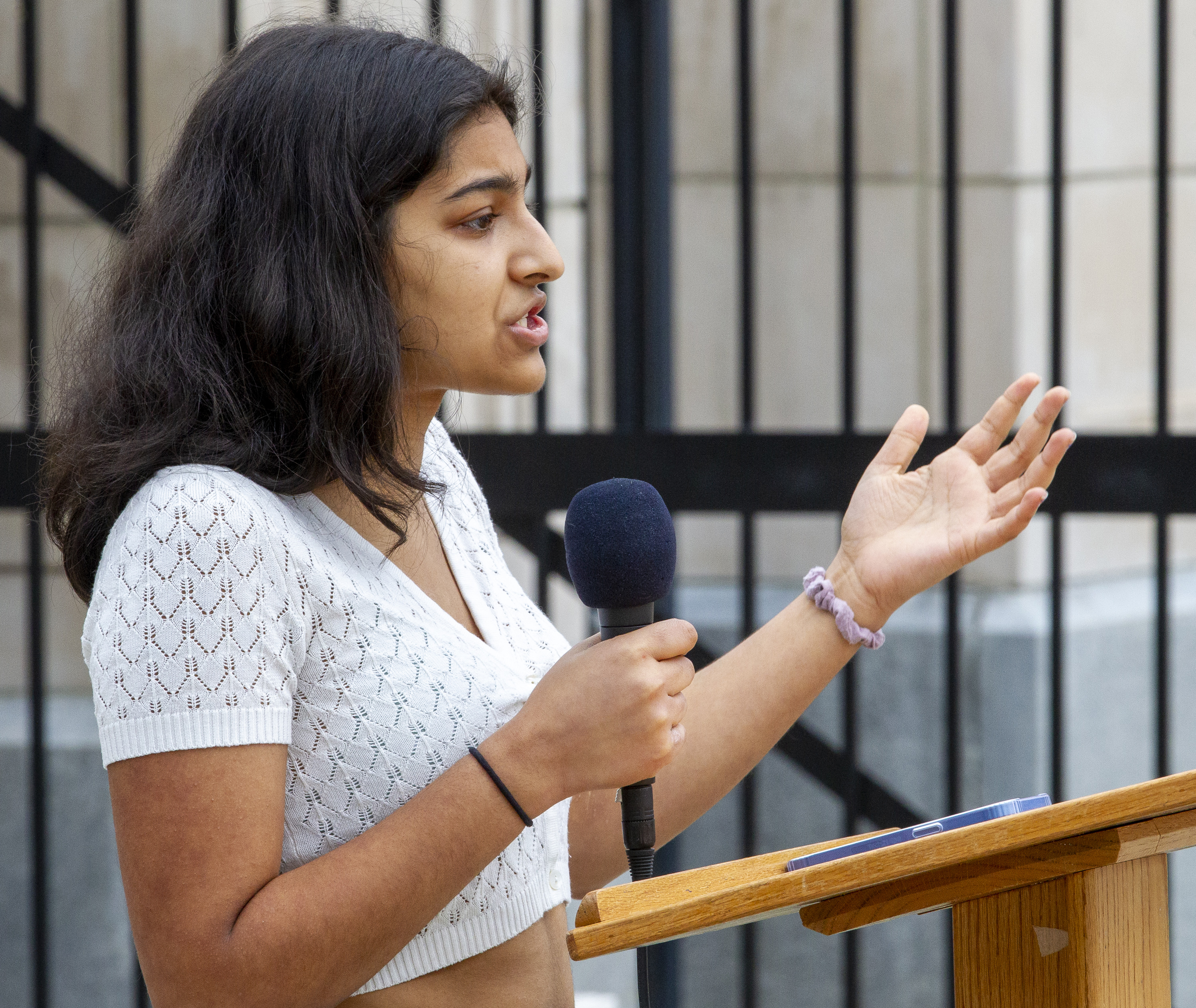Decatur High School student Yana Batra talks to the crowd near the Capitol on to protest legislation that would control classroom discussions about race Feb. 25, 2022. (STEVE SCHAEFER FOR THE ATLANTA JOURNAL-CONSTITUTION)