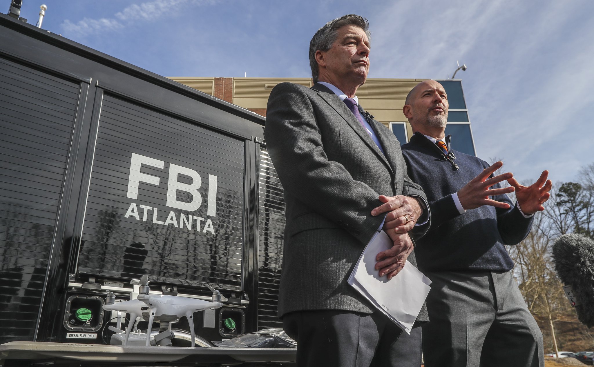 FBI spokesman Kevin Rowson (left) and FBI Special Agent John Cronier with one of the six captured drones. The FBI, FAA and Atlanta police have repeated the “No Drone” policy for weeks leading up to the Super Bowl, and The Atlanta Journal-Constitution is among the local media outlets that have reported the mantra. But on Friday, the FBI said more work was needed to spread the word after several were found Thursday violating the regulations. “It’s taken up a lot of time for our agents and law enforcement officers to be targeting these drones when they could be working on other security measures,” Rowson said.