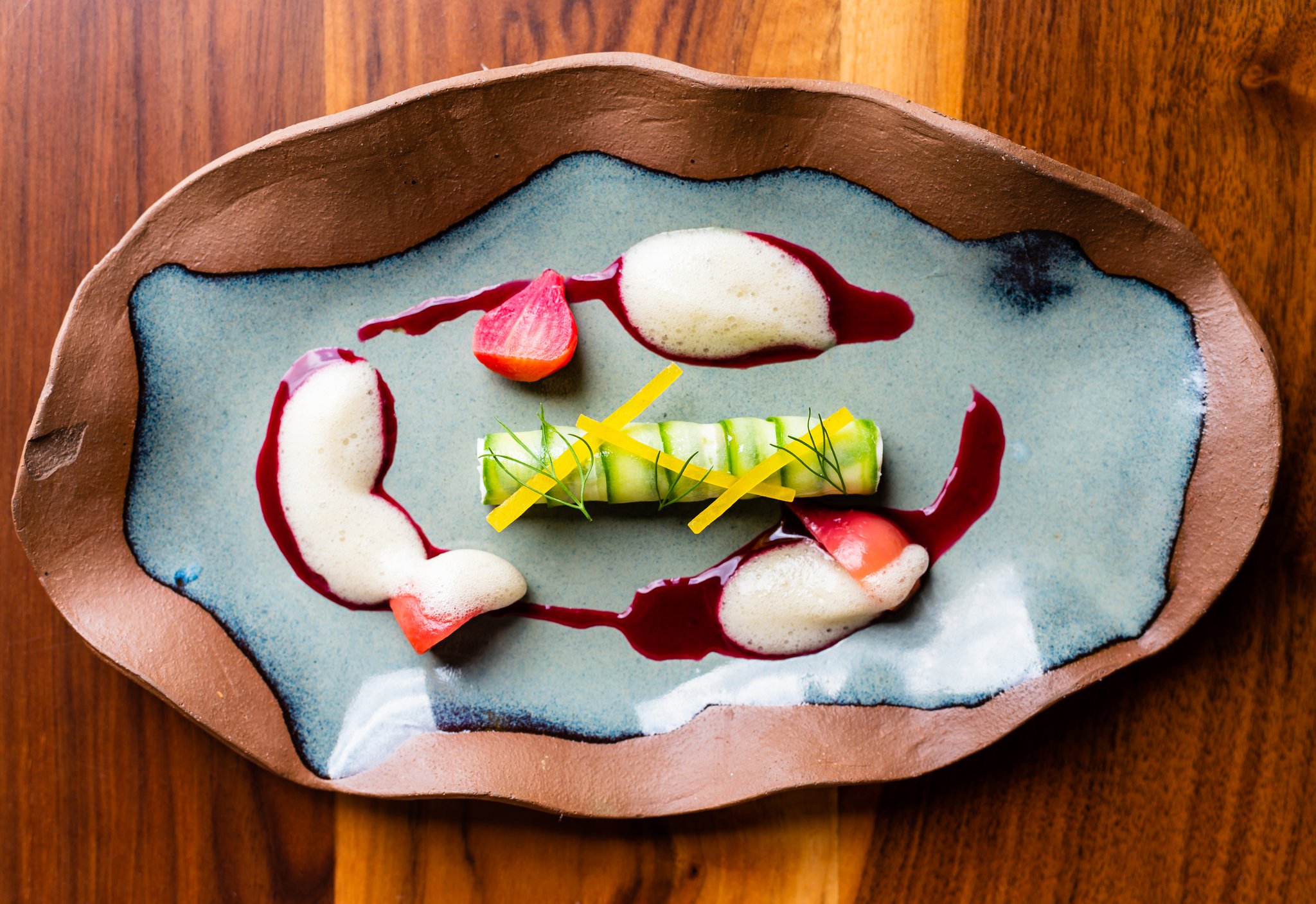 A cucumber cannelloni with horseradish panna cotta and borscht is an interesting way to start to start a seven-course tasting menu at Lazy Betty.