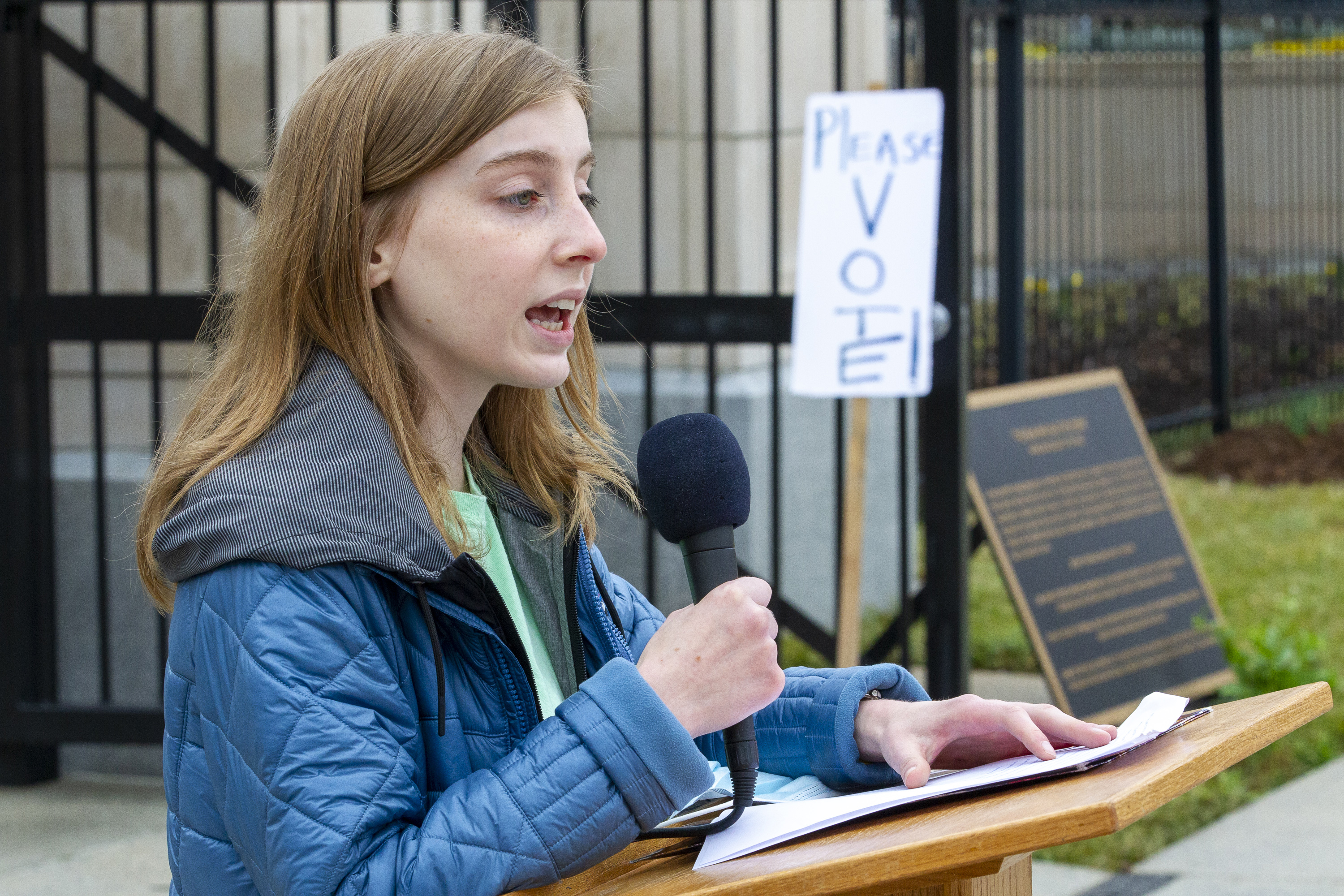 Decatur High School student Katie Guenthner talks to the crowd during a protest outside the Capitol. Students were protesting Georgia bills that would control classroom discussions about race. (STEVE SCHAEFER FOR THE ATLANTA JOURNAL-CONSTITUTION)