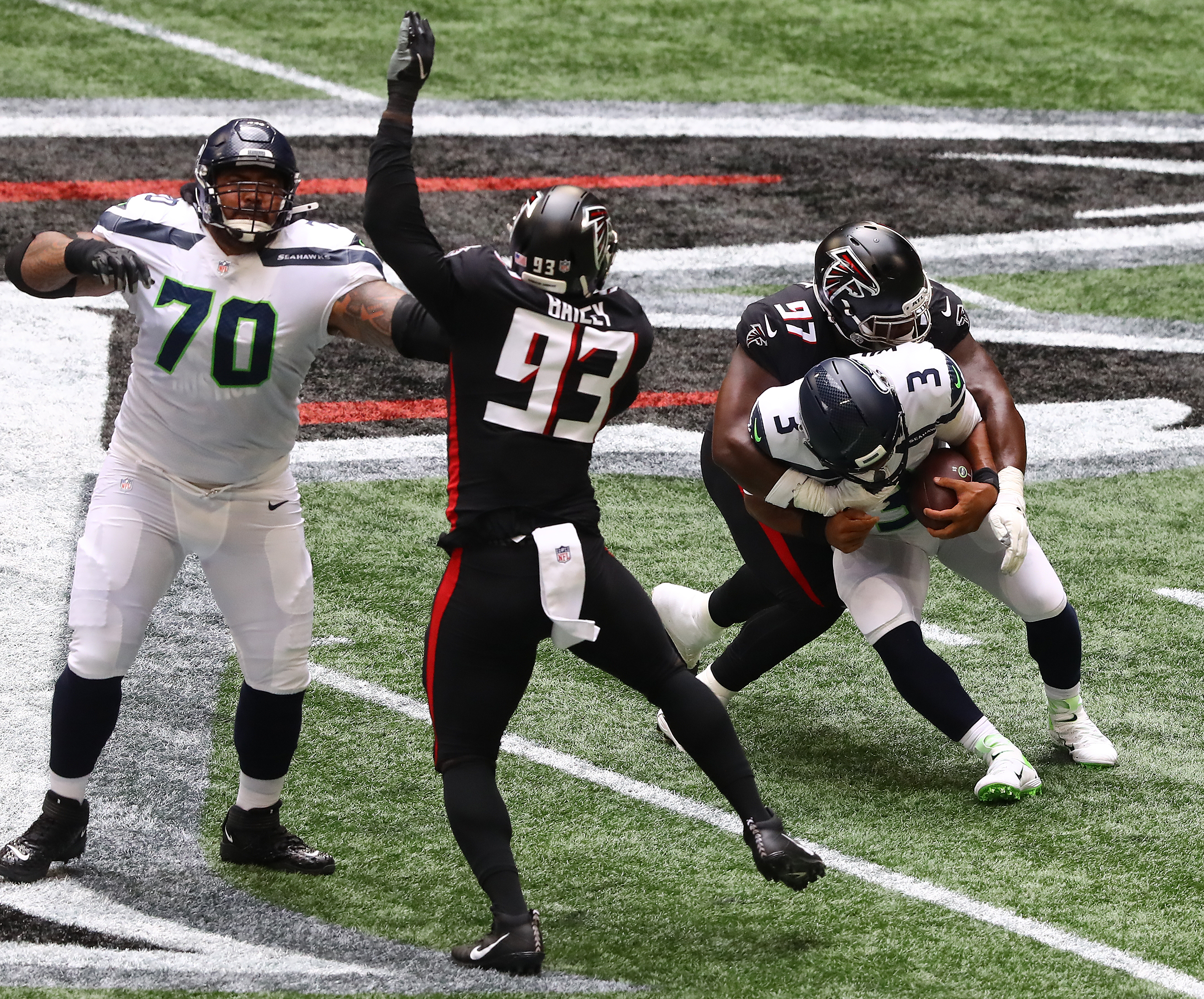 Atlanta Falcons defensive tackle Grady Jarrett #97 takes the field