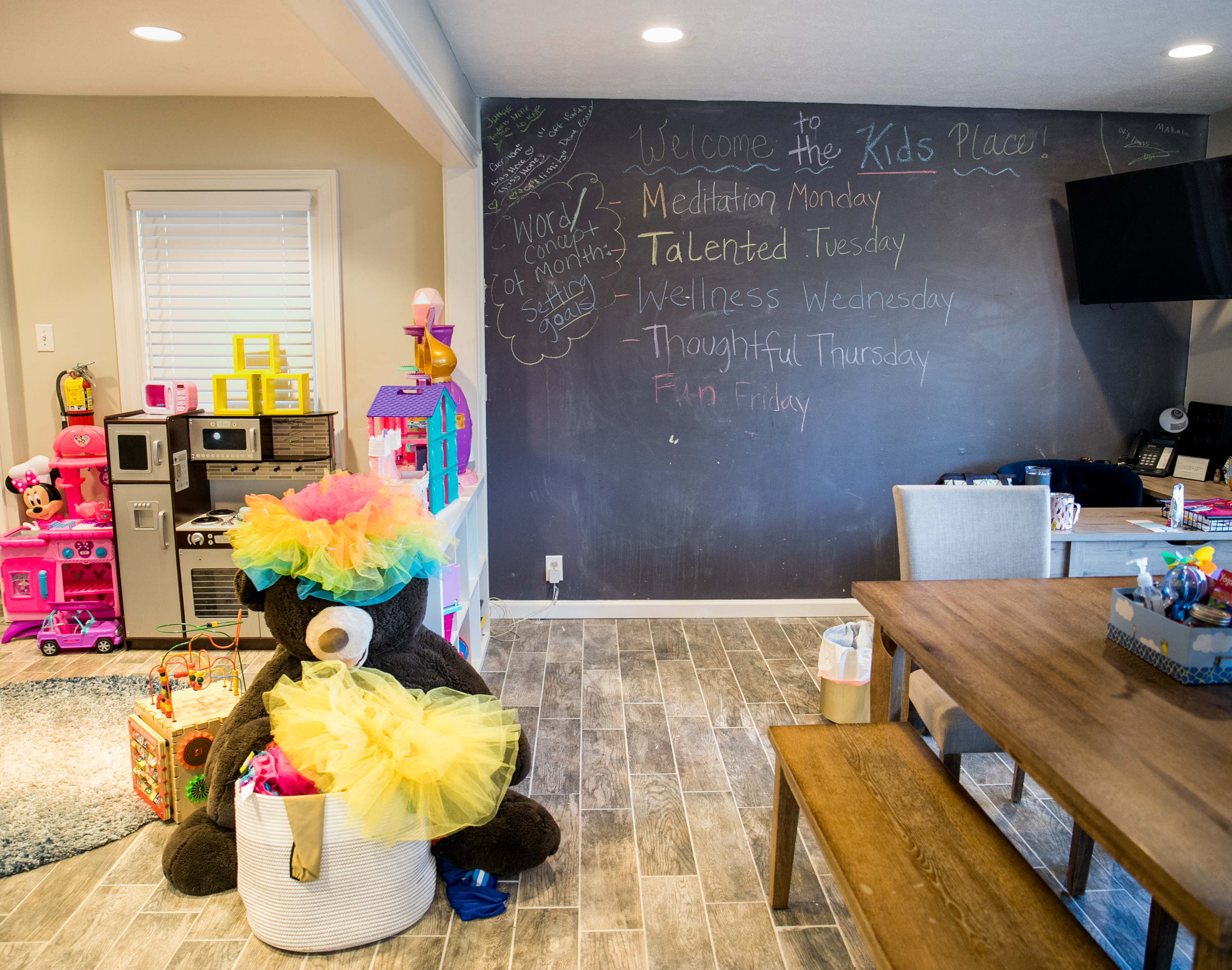 The children's area in the DeKalb County Women's Resource Center's safe house has a room for teenagers, a meditation space, common area for small groups and computer stations, including some where they make podcasts. (Jenni Girtman for The Atlanta Journal-Constitution)