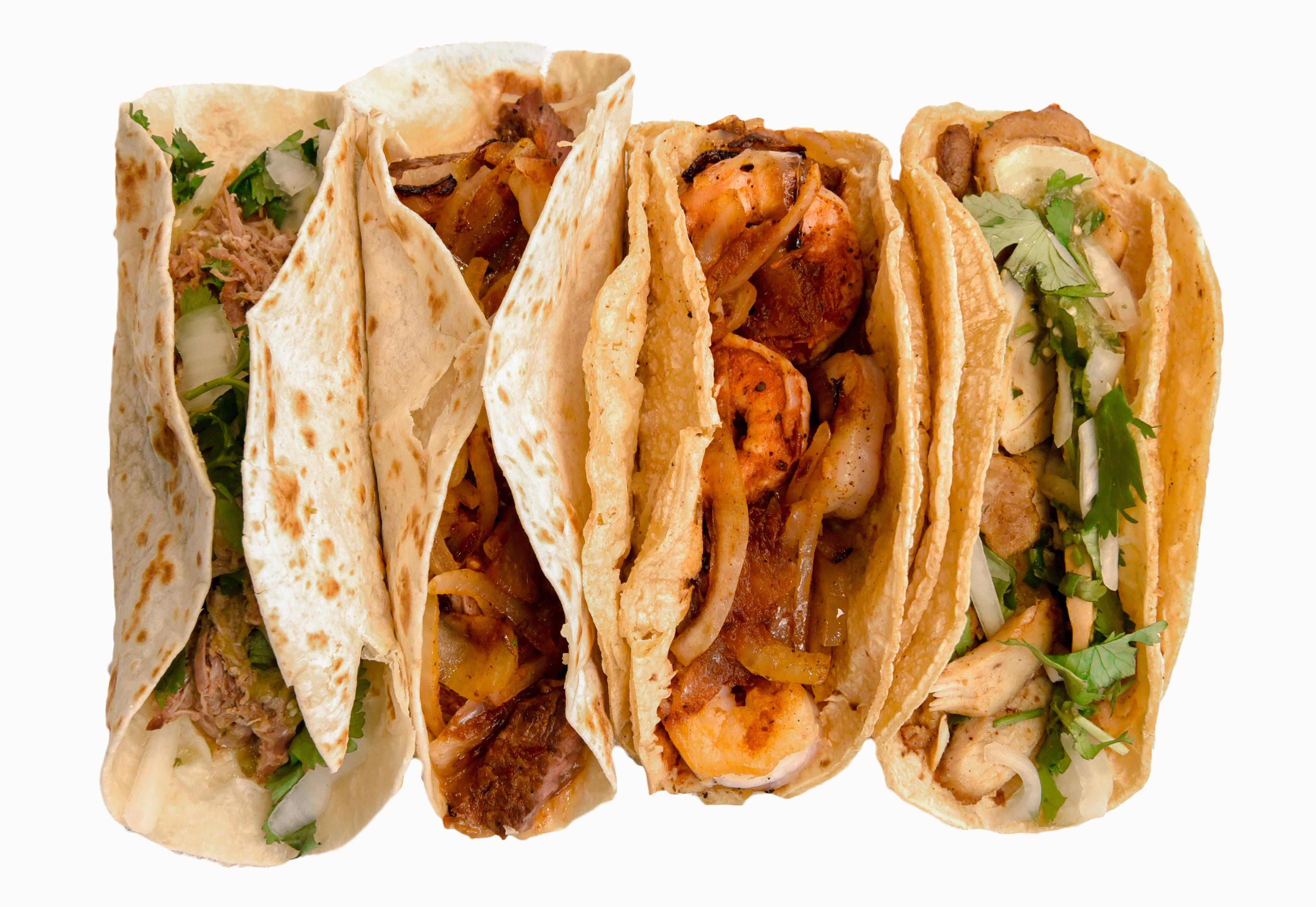 Tacos available from Bell Street Burritos include (from left): pork green taco on flour tortilla, chipotle pork taco on flour tortilla, shrimp chipotle taco on corn tortilla, and grilled chicken green taco on corn tortilla. Courtesy of Matt Hinton/Bell Street Burritos
