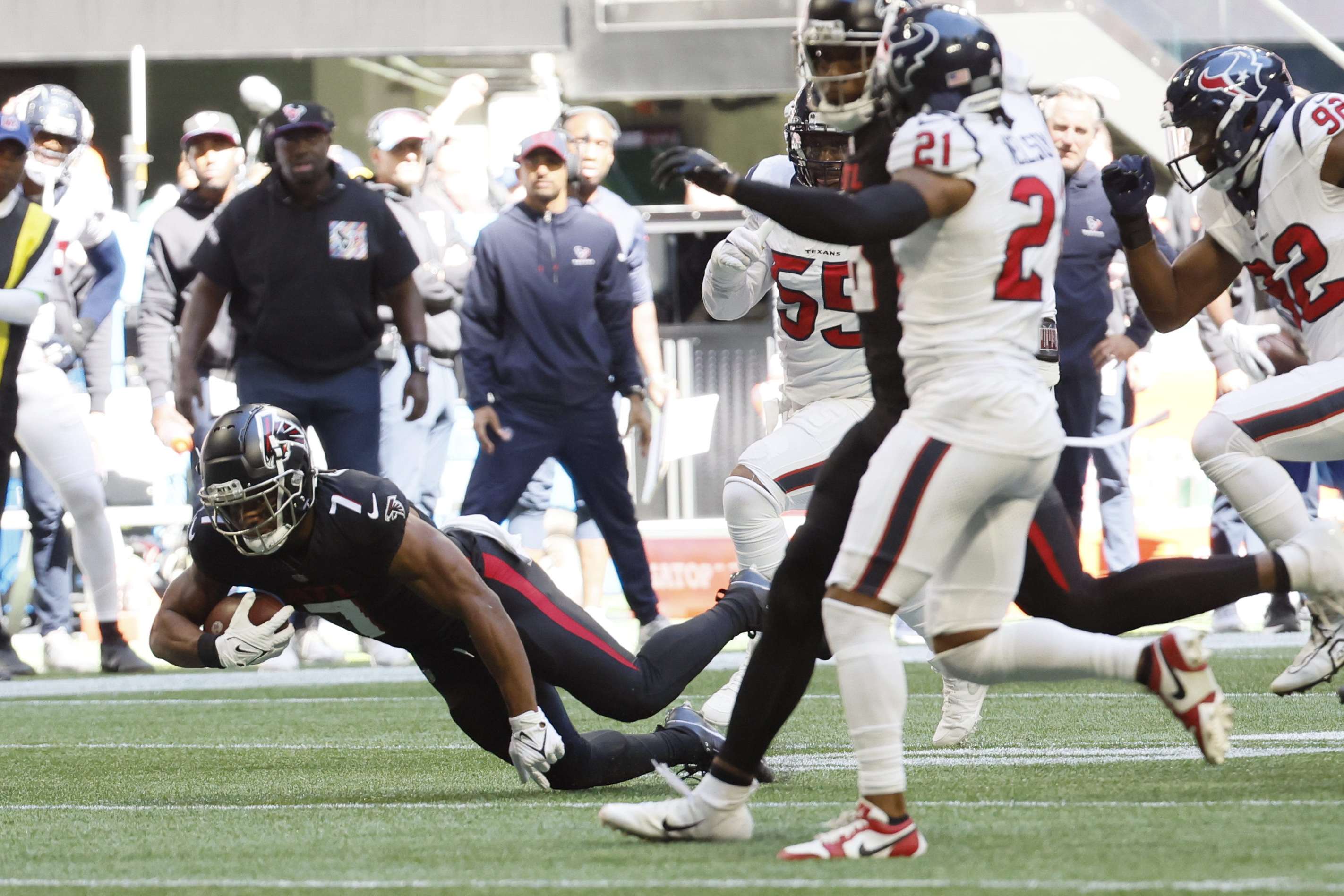 Atlanta Falcons defensive tackle Mike Pennel (98) walks off the