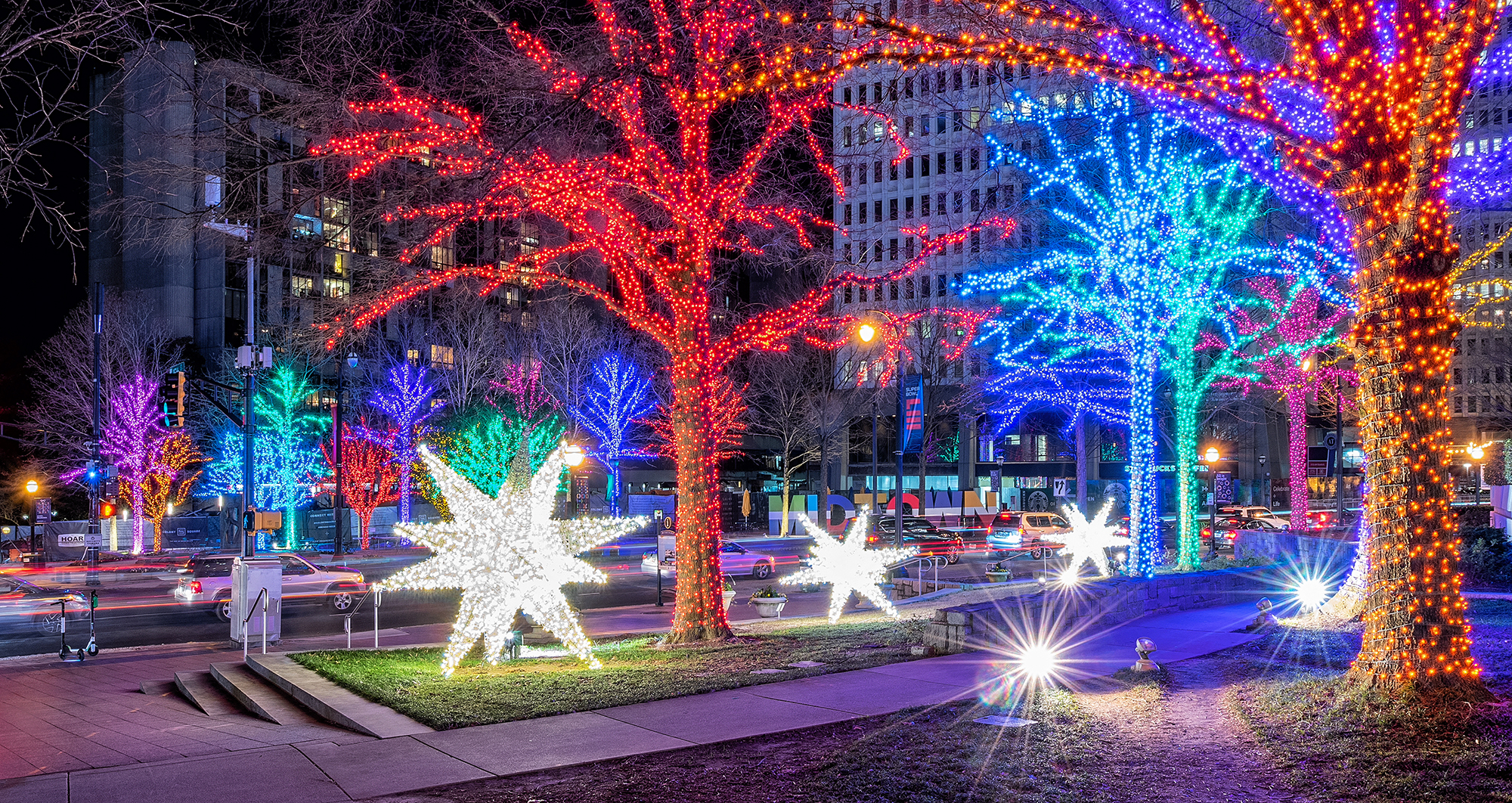 Peachtree at 15th Credit Midtown Alliance
The holiday light display in Midtown includes nearly 100 lit trees and more than 20 illuminated stars that range in size from 3-feet to 23-feet tall.
Courtesy of Midtown Alliance