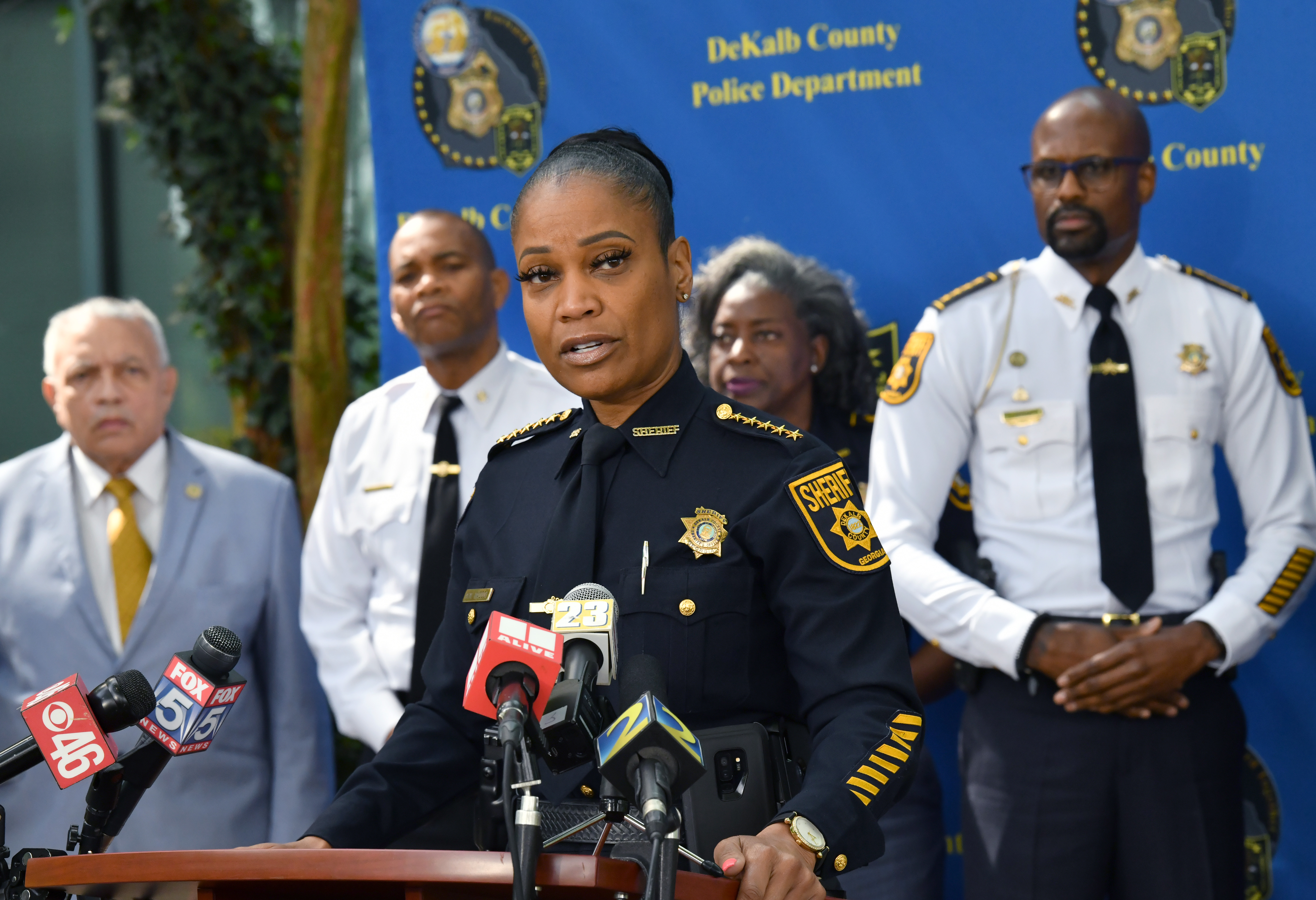April 21, 2022 Tucker - DeKalb County Sheriff Melody Maddox speaks to members of the press during a news conference outside DeKalb County Police Headquarters in Tucker on Thursday, April 21, 2022. A 13-year-old boy was arrested Thursday morning in connection with the shooting outside a skating rink earlier this month that left 11-year-old D’Mari Johnson severely injured. DeKalb County police announced the arrest at a news conference. No motive was released. (Hyosub Shin / Hyosub.Shin@ajc.com)