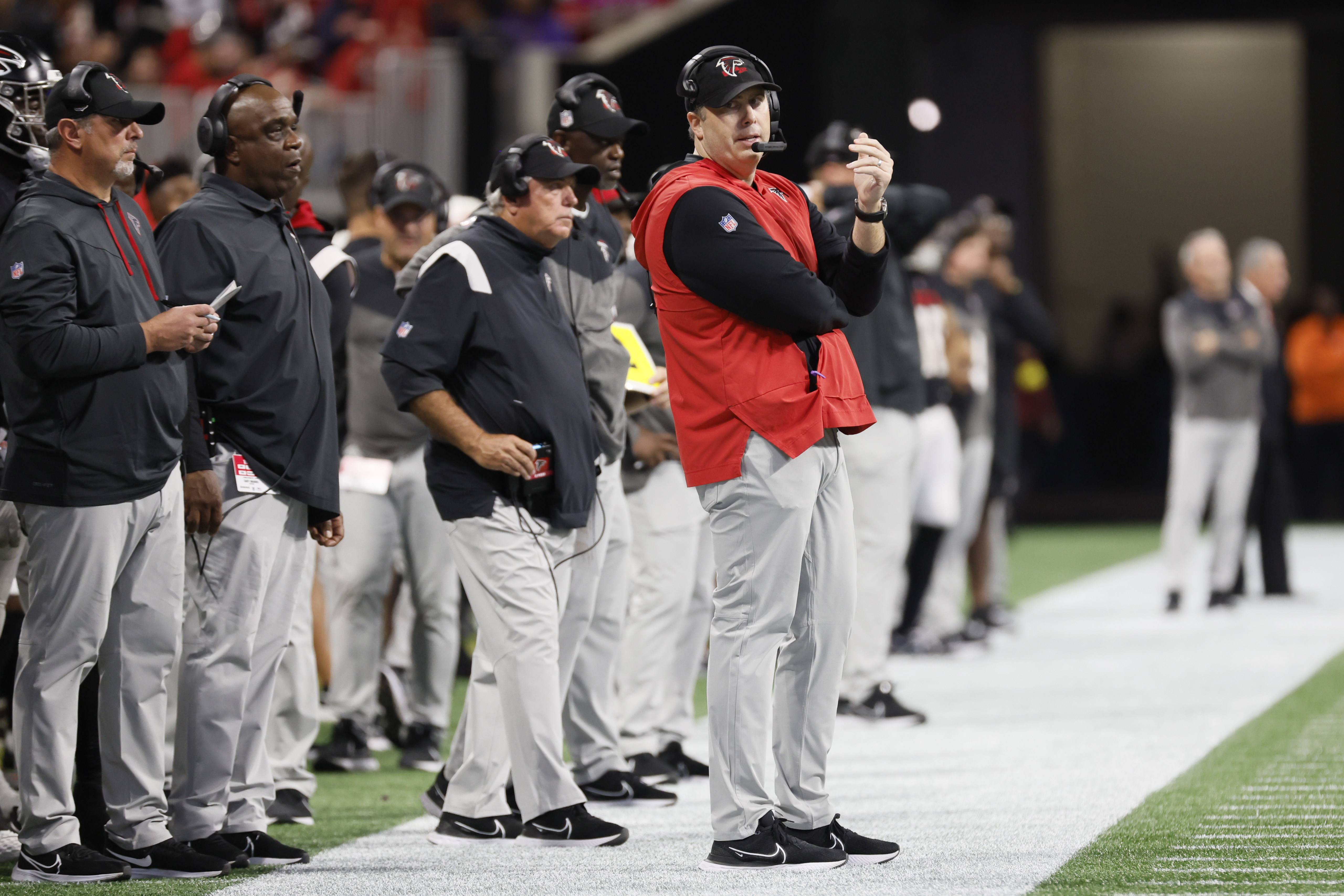 Atlanta Falcons safety Dean Marlowe (21) lines up during the second half of  an NFL football game against the Carolina Panthers, Sunday, Oct. 30, 2022,  in Atlanta. The Atlanta Falcons won 37-34. (