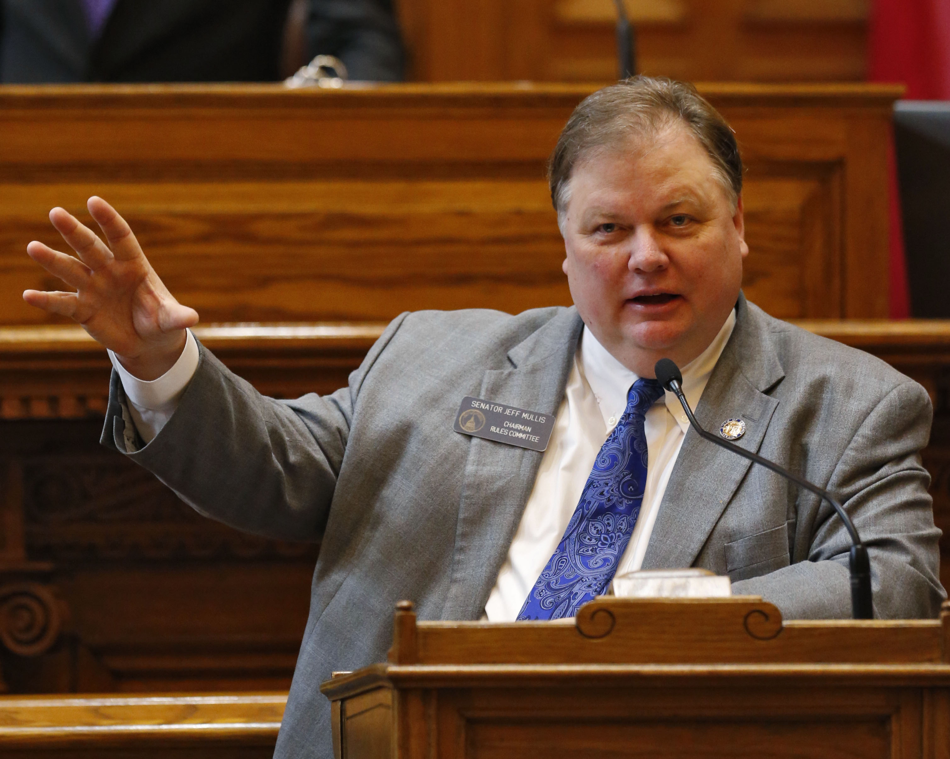 Feb. 20, 2015 - Atlanta - Sen. Jeff Mullis presents SB 72. The Senate passed SB 72, "Tanja's Law", which would increase the punishment for crimes committed against police dogs while they are working, and the House passed numerous bills, including HB 160 allowing the trapping of raccoons. BOB ANDRES / BANDRES@AJC.COM