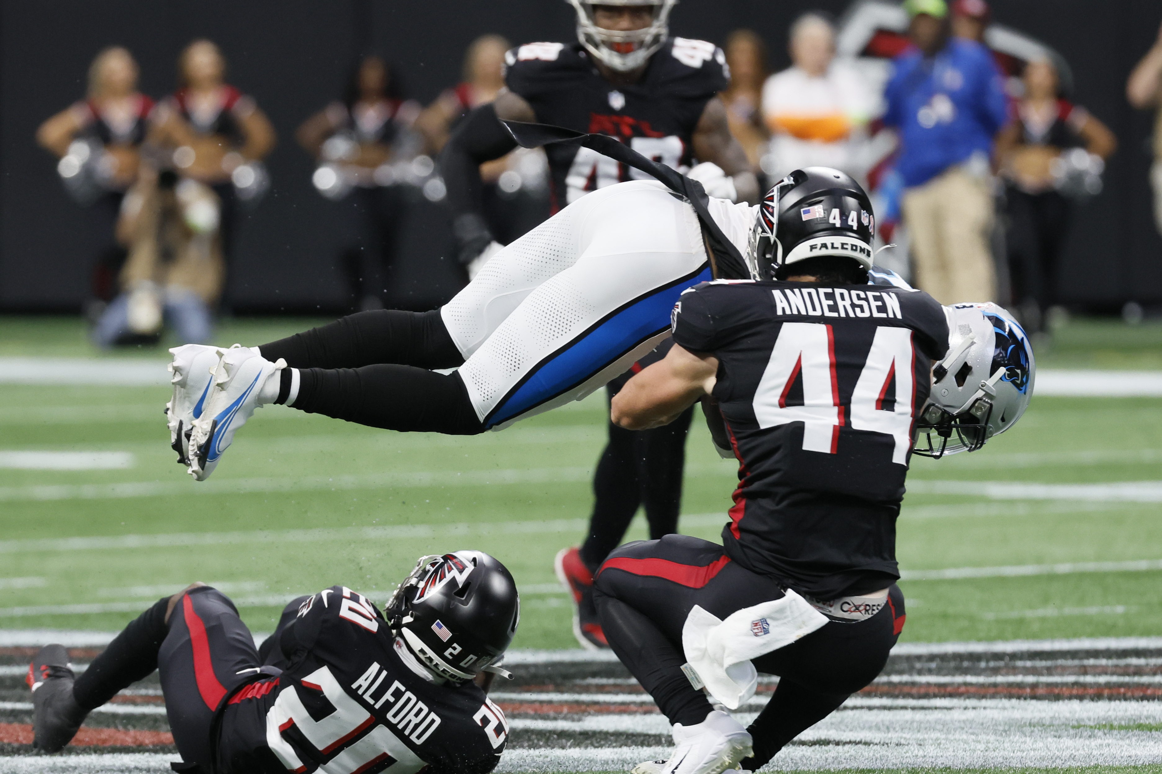 Atlanta Falcons linebacker Troy Andersen (44) works during the first half  of an NFL football game