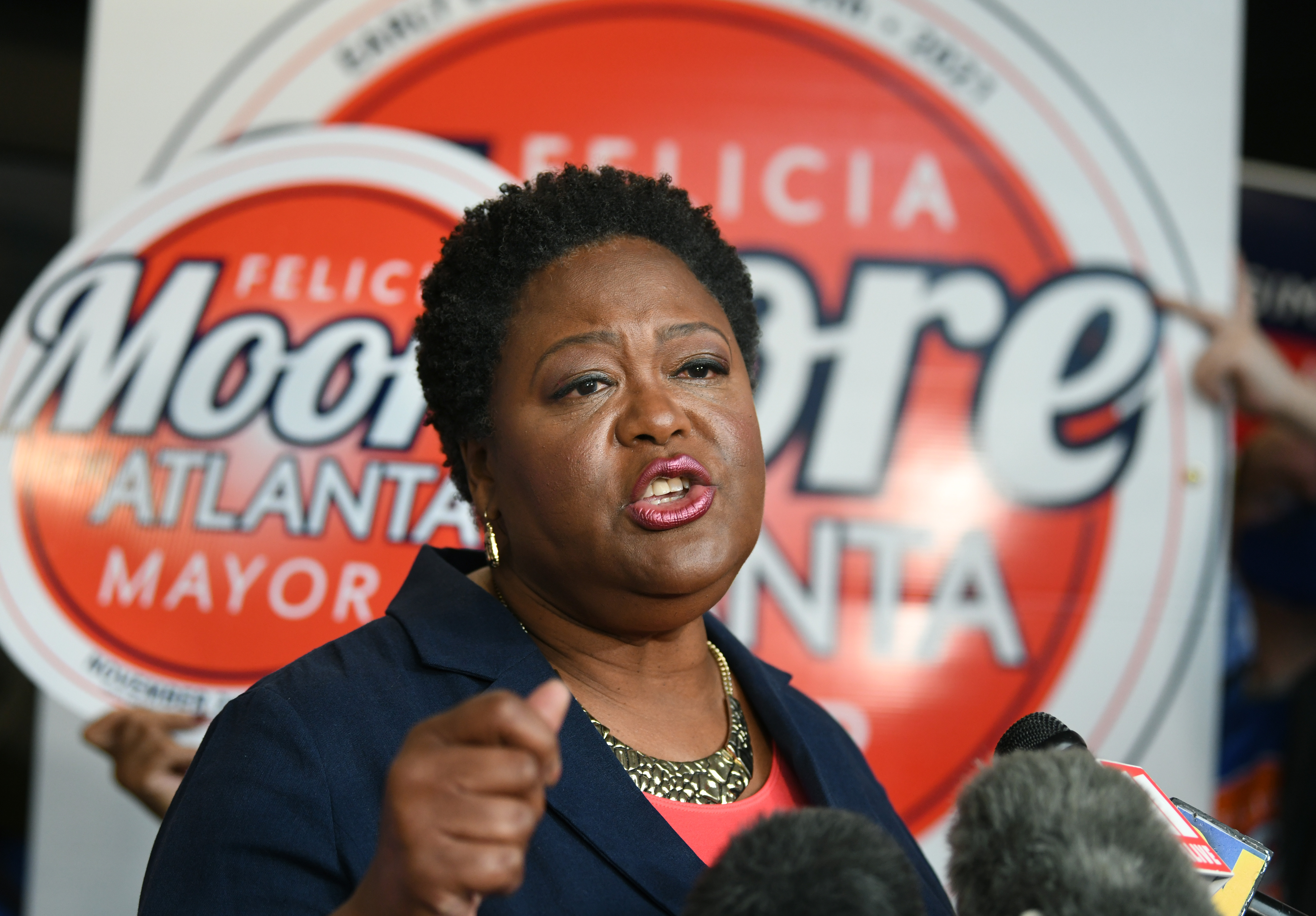 August 17, 2021 Atlanta - Atlanta City Council President Felicia Moore, speaks to members of the press after filing paperworks for November 2nd Atlanta Mayoral Election outside the Atlanta City Hall on Tuesday, August 17, 2021. Atlanta City Council President Felicia Moore and former Atlanta mayor Kasim Reed filed paperwork and qualified as a candidate in the November 2nd Atlanta Mayoral Election. (Hyosub Shin / Hyosub.Shin@ajc.com)