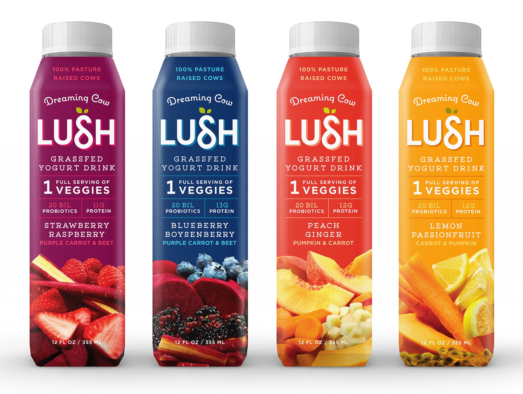 LUSH is a drinkable yogurt, available in four flavors. Each bottle holds a full serving of vegetables./Dreaming Cow