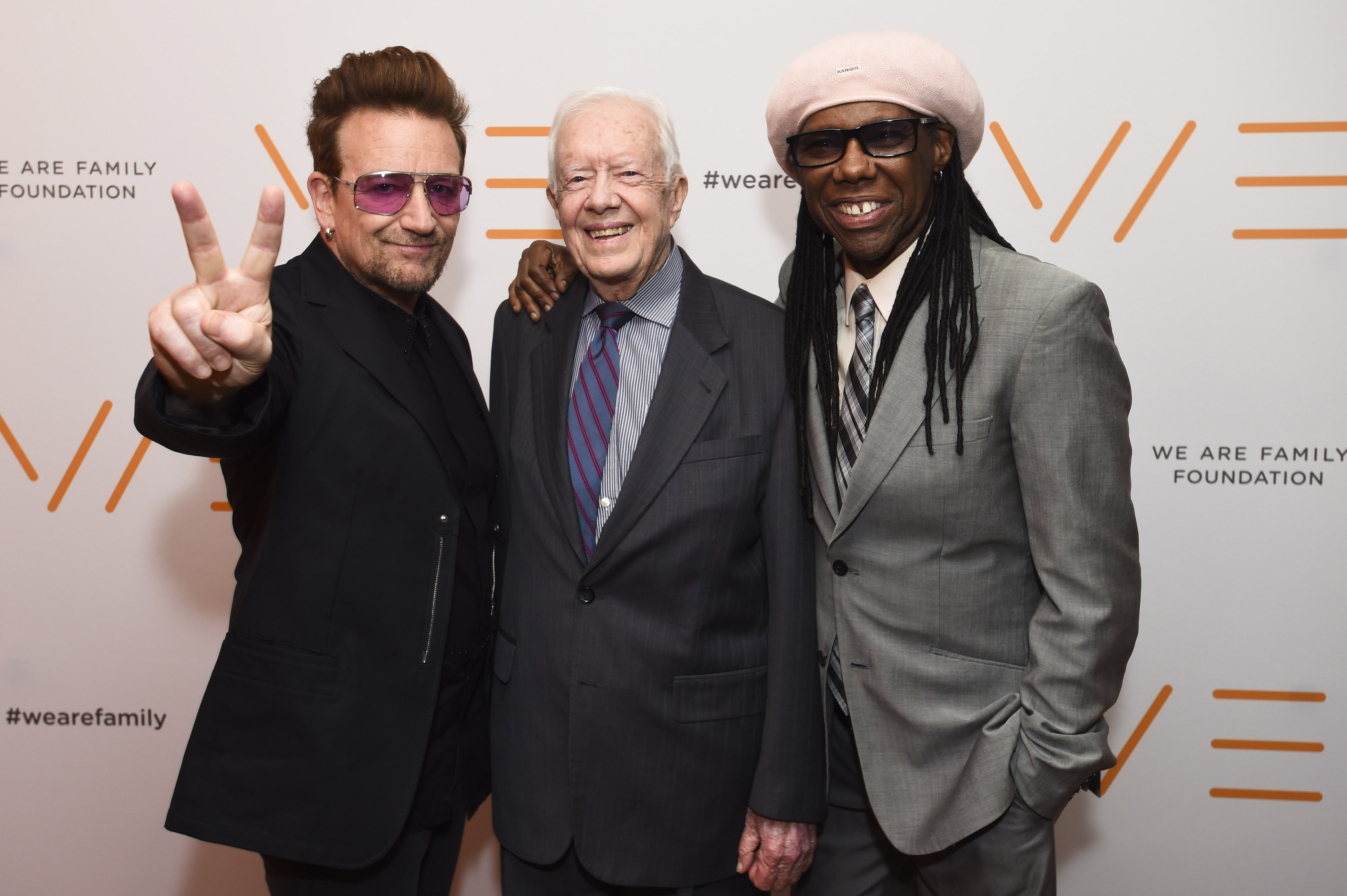 Singer Bono of U2, former President Jimmy Carter and co-founder of WAFF Nile Rodgers attend We Are Family Foundation 2016 Celebration Gala on April 29, 2016 in New York, New York. (Photo by Shahar Azran/Getty Images/Courtesy Shorefire Media)