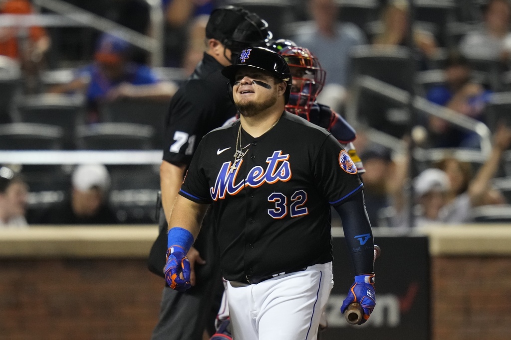 Atlanta Braves' Ronald Acuna Jr., right, celebrates with Ozzie Albies after  a baseball game against the New York Mets Friday, Aug. 11, 2023, in New  York. The Braves won 7-0. (AP Photo/Frank