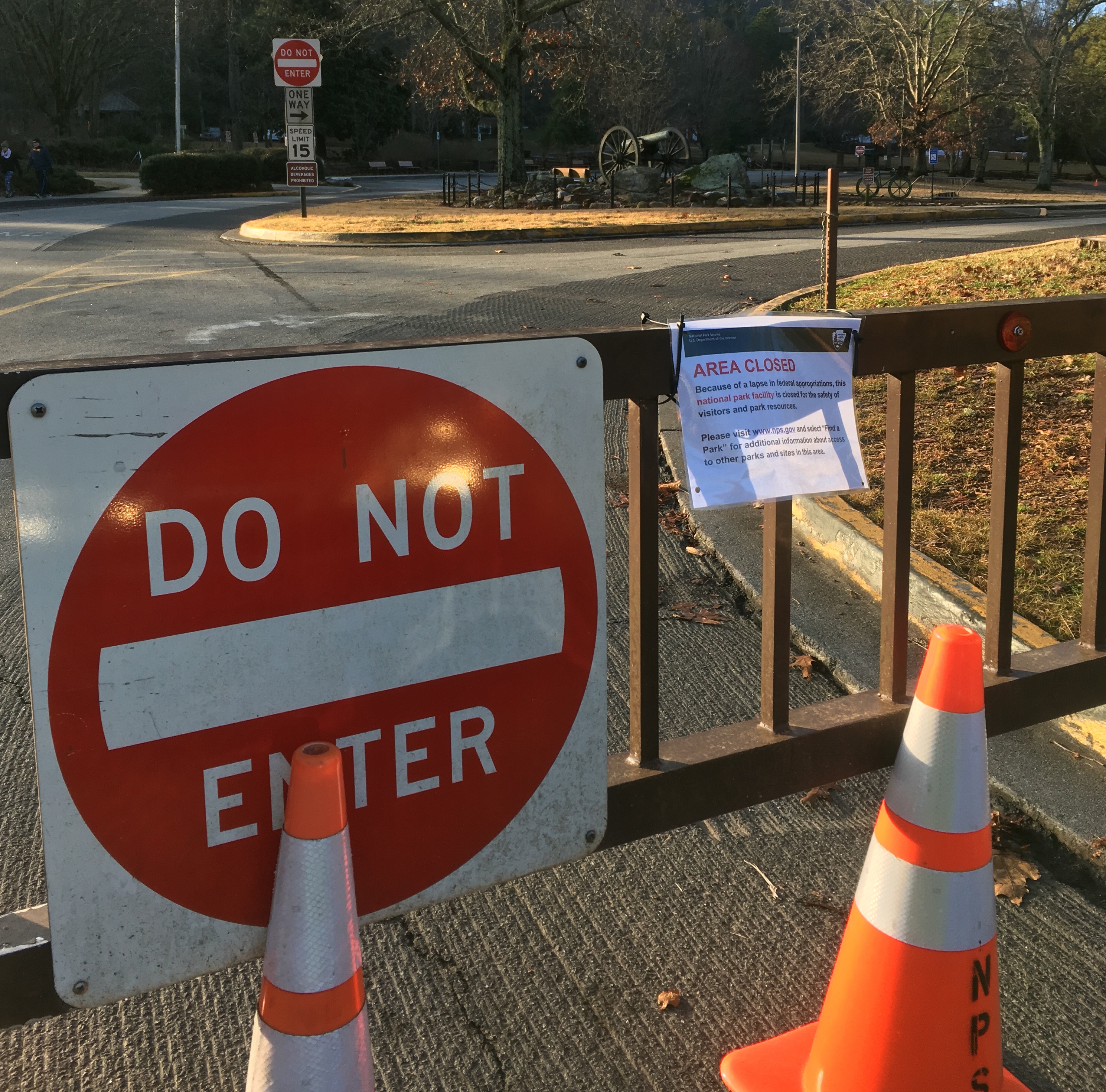 Kennesaw Mountain National Battlefield Park is officially closed. Hikers, runners and dog-walkers are out in force anyway. They just can't park in the main lot. AJC photo: Jennifer Brett