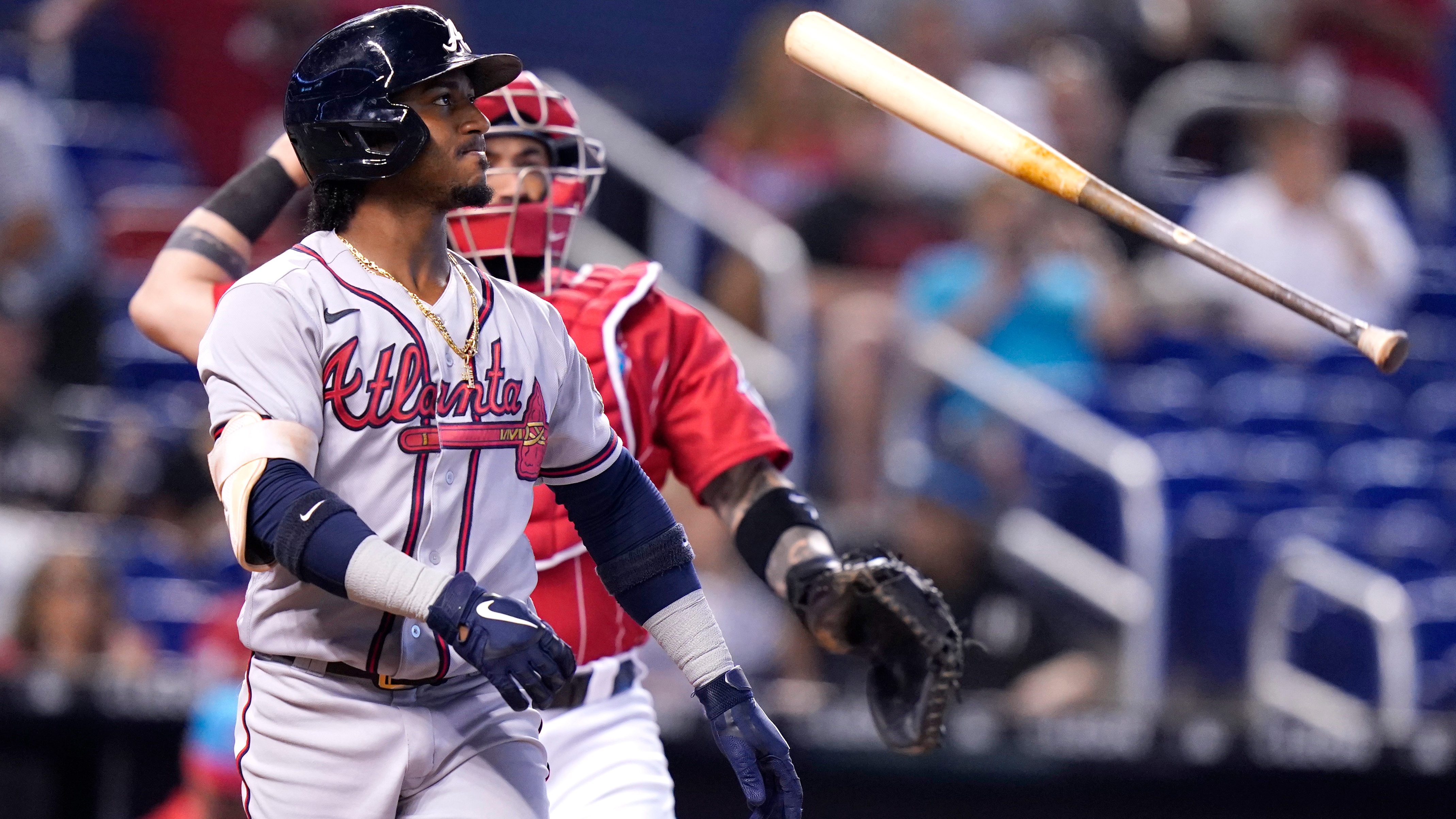 Atlanta, GA, USA. 02nd July, 2021. Atlanta Braves third baseman Austin Riley  walks onto the field before the start of the ninth inning of a MLB game  against the Miami Marlins at