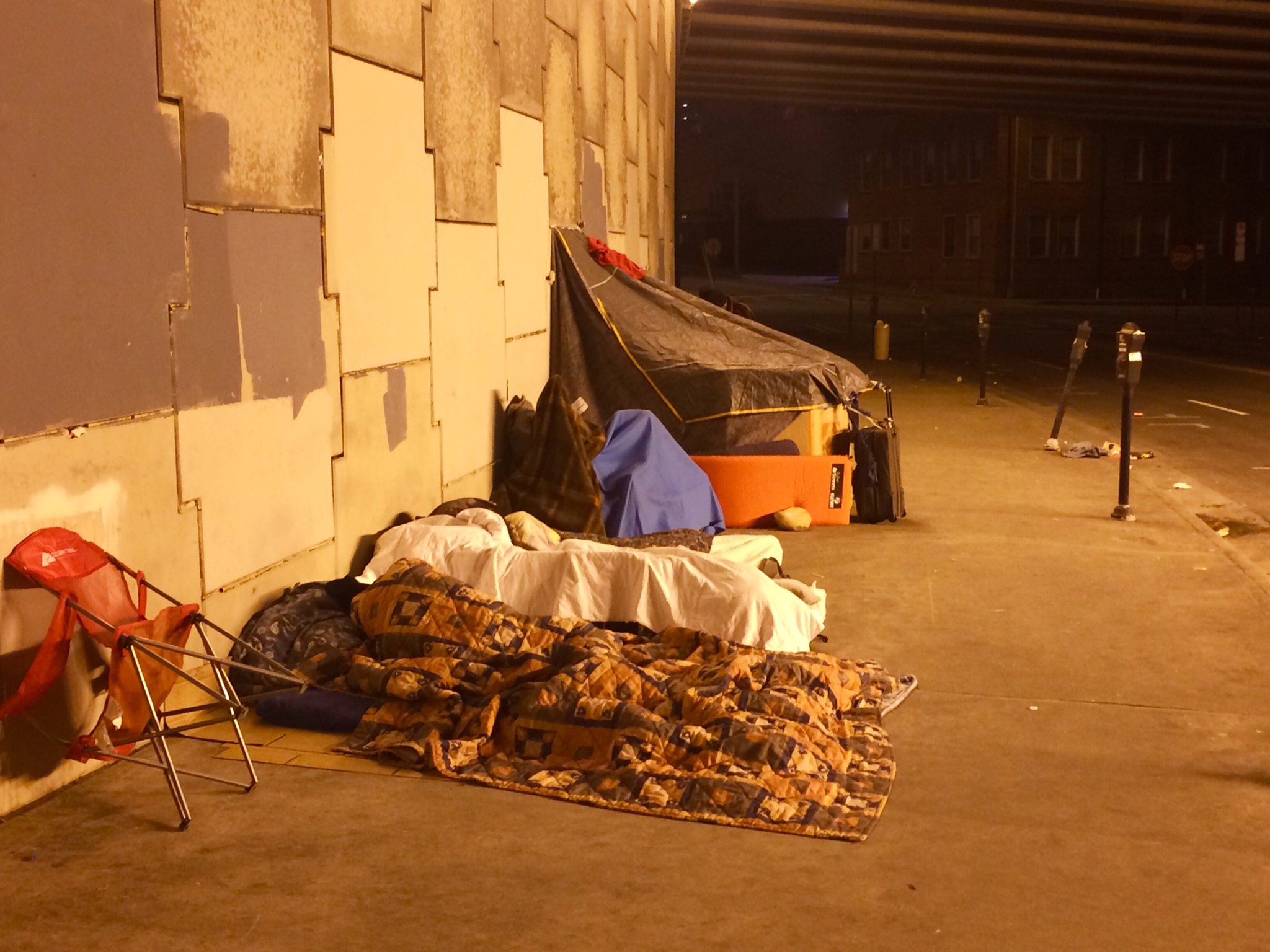Midnight under the Downtown Connector in Atlanta at Bell Street, near Grady Memorial Hospital.
