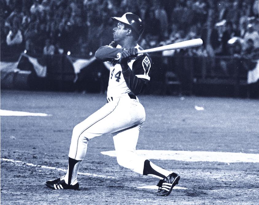 Hank Aaron connects on career home run No. 715 to break Babe Ruth's record.