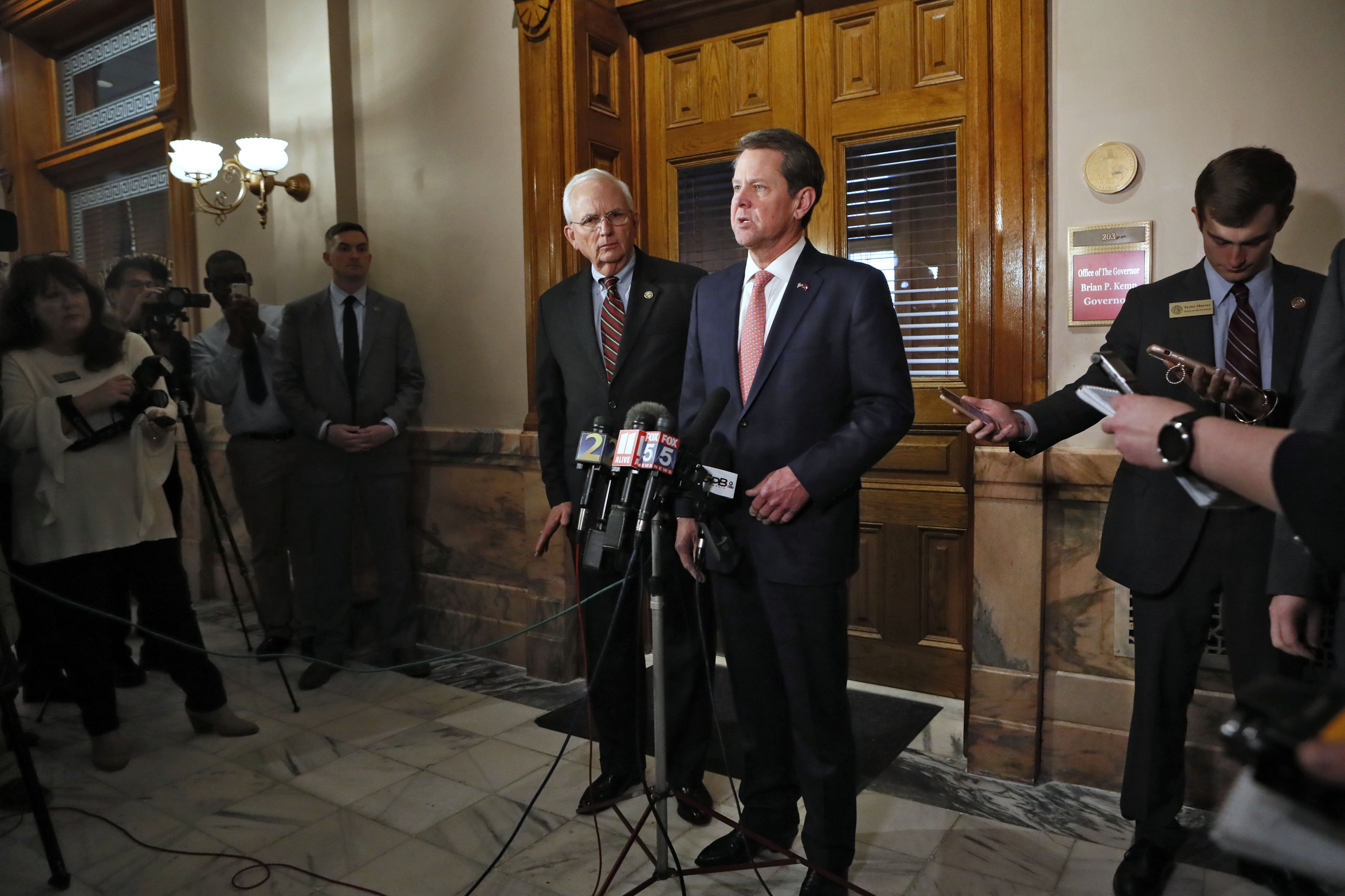 2/27/19 - Atlanta - Gov. Brian Kemp held a press conference with Agriculture commissioner Gary Black in support of relief for hurricane damage in south Georgia. The legislature was in session for the 23rd day of the 2019 General Assembly. Bob Andres / bandres@ajc.com