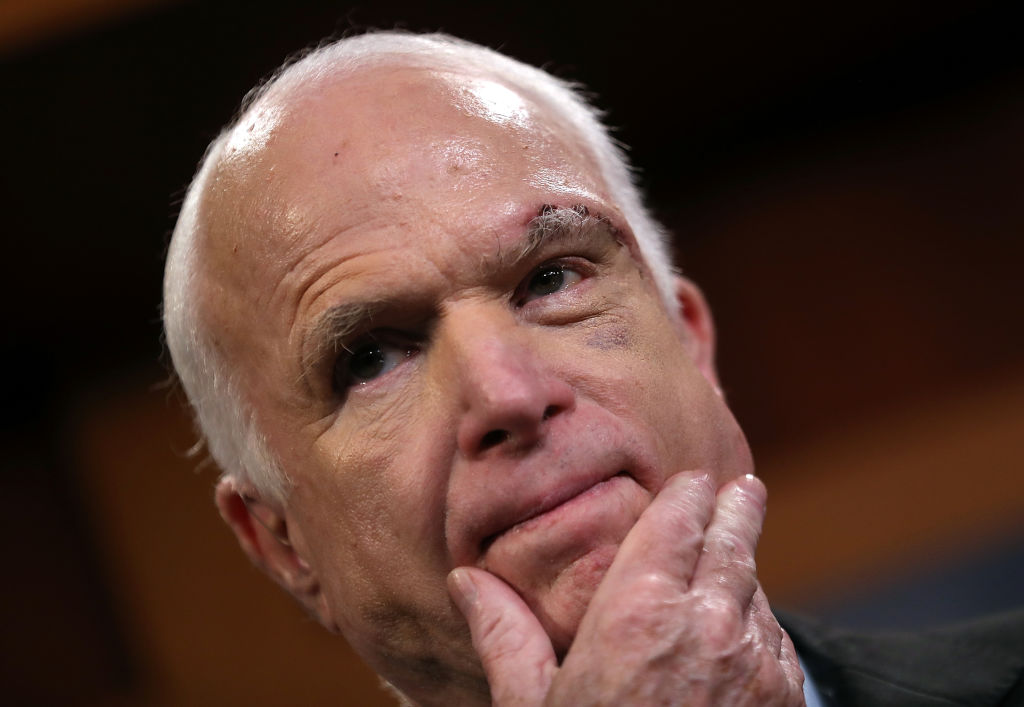WASHINGTON, DC - JULY 27: U.S. Sen. John McCain (R-AZ) looks on during a news conference to announce opposition to the so-called skinny repeal of Obamacare at the U.S. Capitol July 27, 2017 in Washington, DC. The Republican senators said they would not support any legislation to repeal and replace Obamacare unless it included a guarantee to go to conference with the House of Representatives. (Photo by Justin Sullivan/Getty Images)