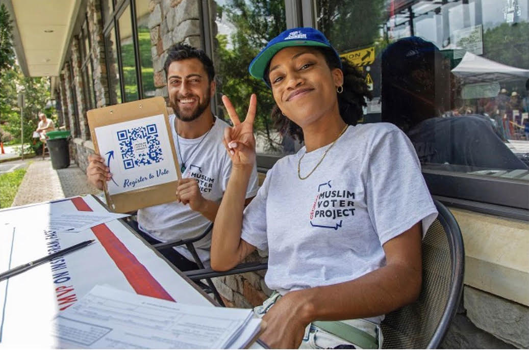 Salik Sohani and Xan-Rhea Bilal registering Muslim voters through the Muslim Voter Project. The pair were children when 9/11 took place and now work to empower Muslim Americans by encouraging them to use their political voice.