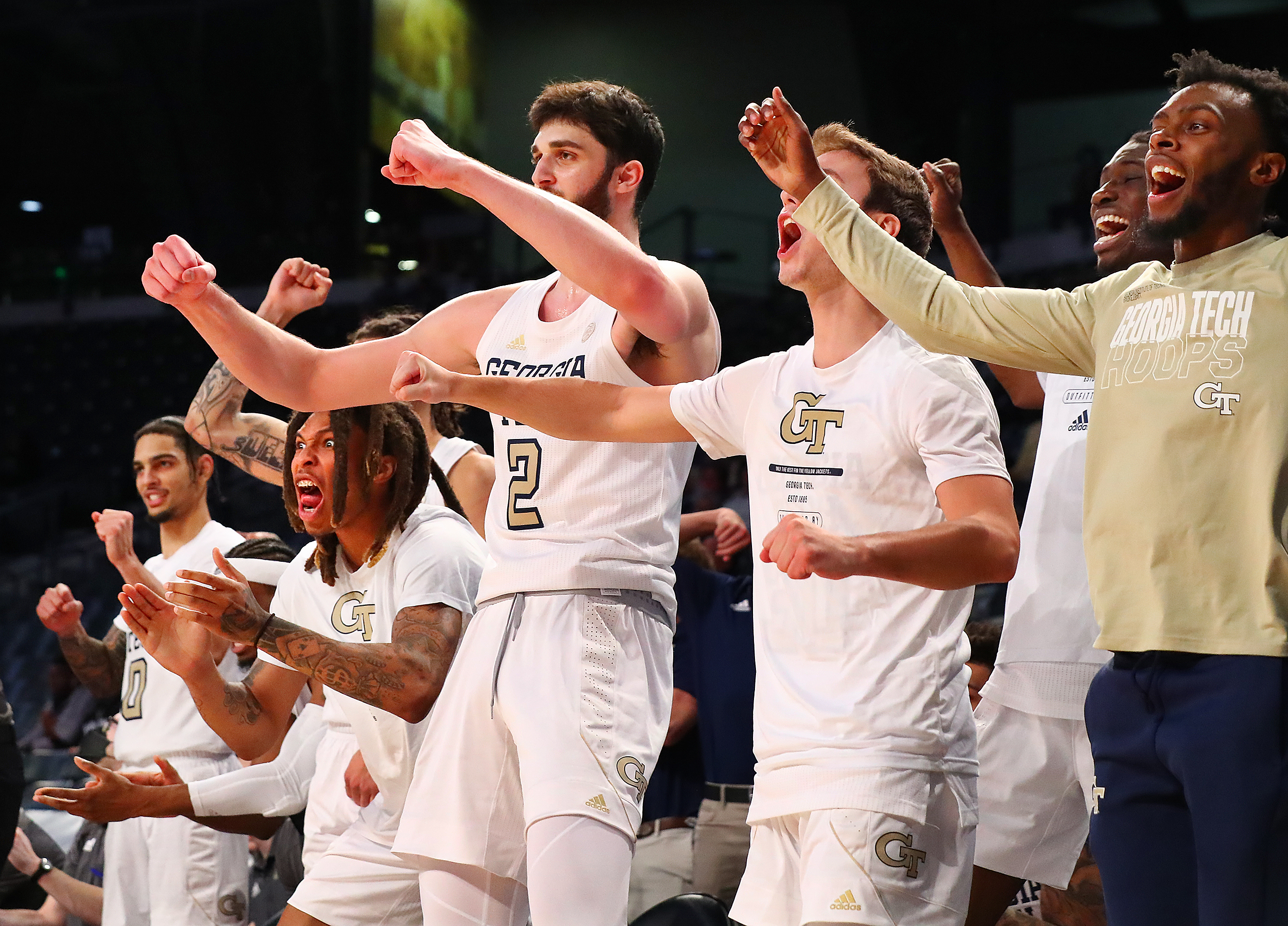 012322 Atlanta: The Georgia Tech bench reacts to a slam by Jalon Moore during the final minutes of a 103-53 victory over Clayton State in a NCAA college basketball game on Sunday, Jan. 23, 2022, in Atlanta. “Curtis Compton / Curtis.Compton@ajc.com”`