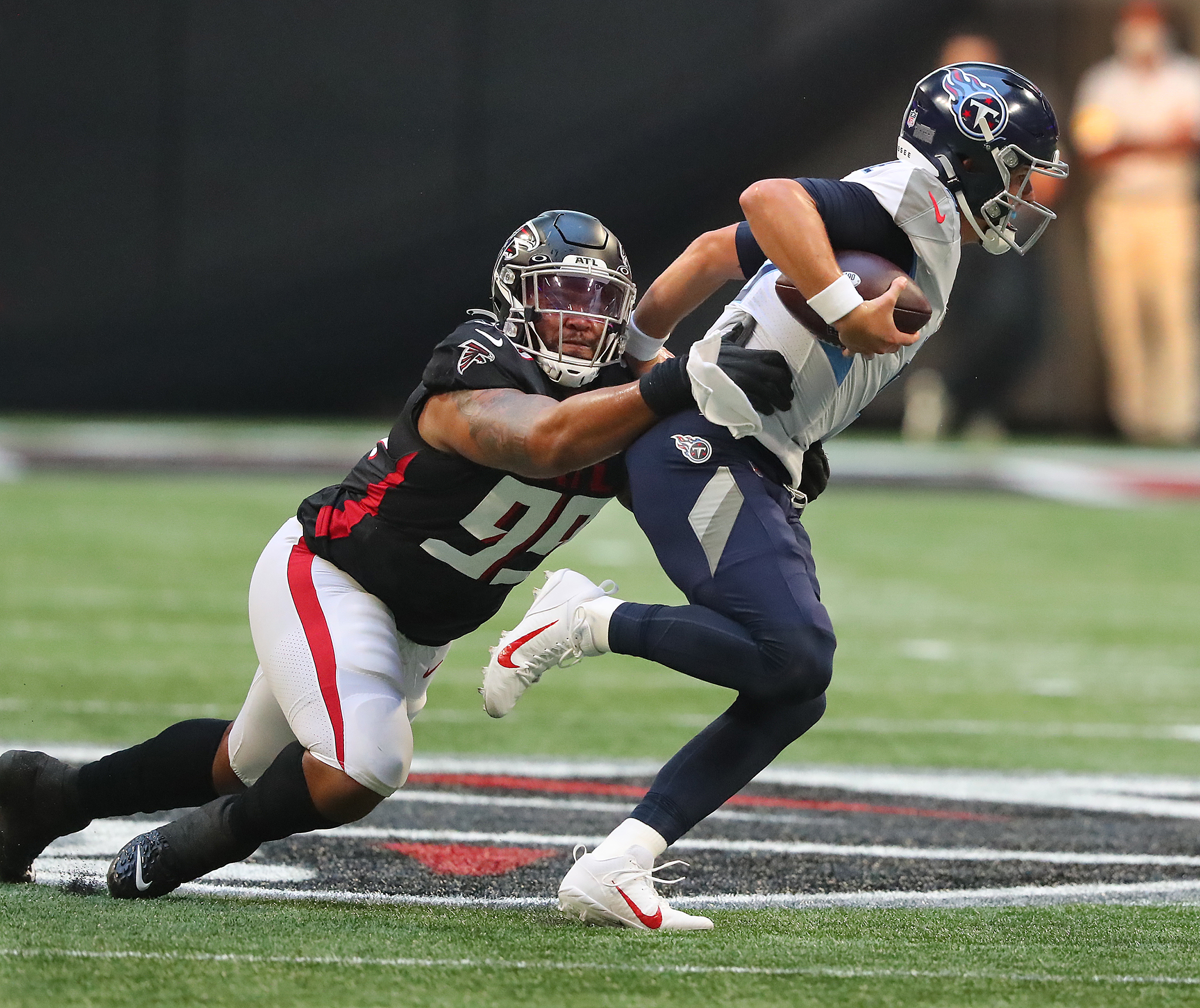 Tennessee Titans tight end Miller Forristall (42) lines up during the  second half of a preseason NFL football game against the Atlanta Falcons,  Friday, Aug. 13, 2021, in Atlanta. The Tennessee Titans