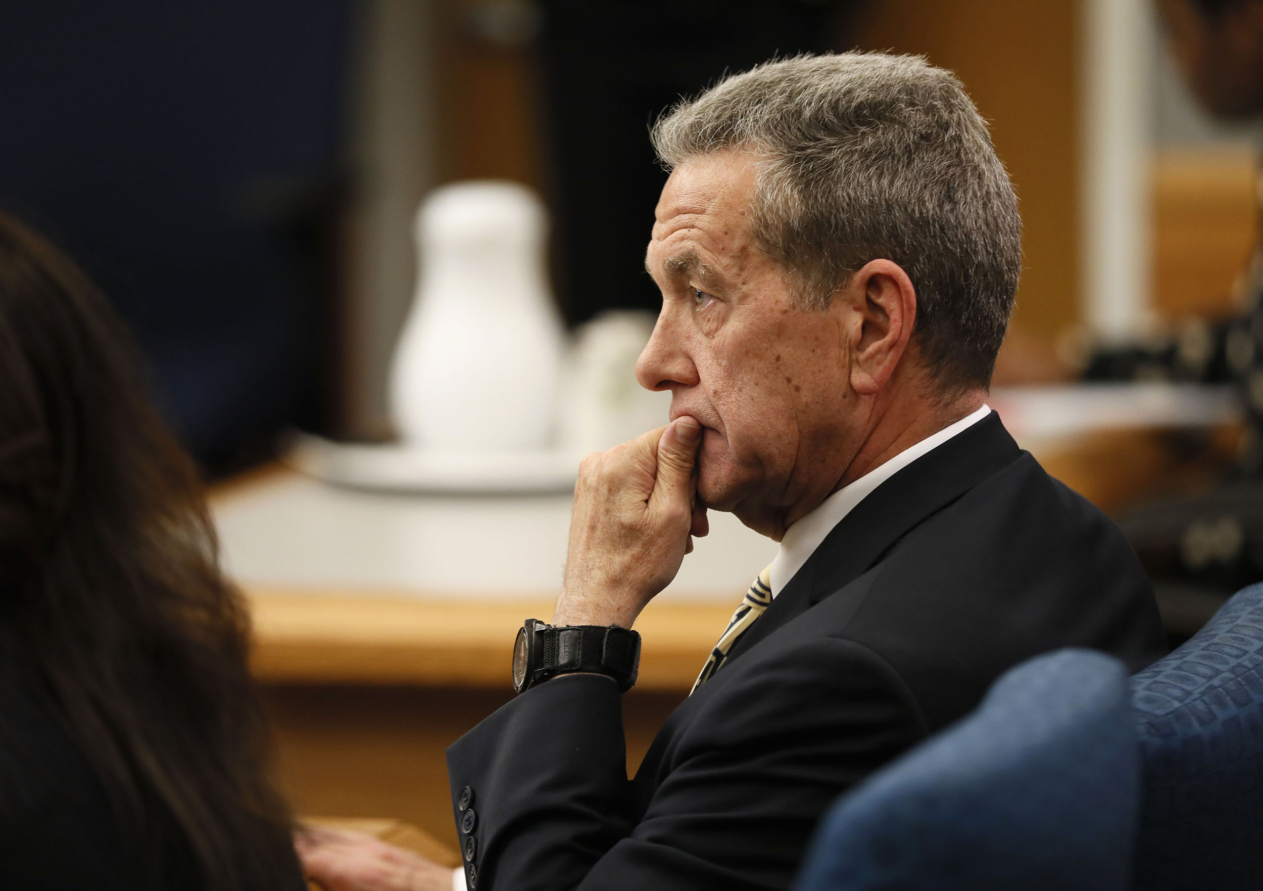 April 26, 2019 - Lawrenceville - District Attorney Danny Porter watches as assistant district attorney Lisa Jones presents autopsy photos to the jury. The prosecution continued it's case in the third day of the Tiffany Moss murder trial. Moss, who is representing herself, is accused of intentionally starving her 10-year-old stepdaughter Emani to death in the fall of 2013. Bob Andres / bandres@ajc.com