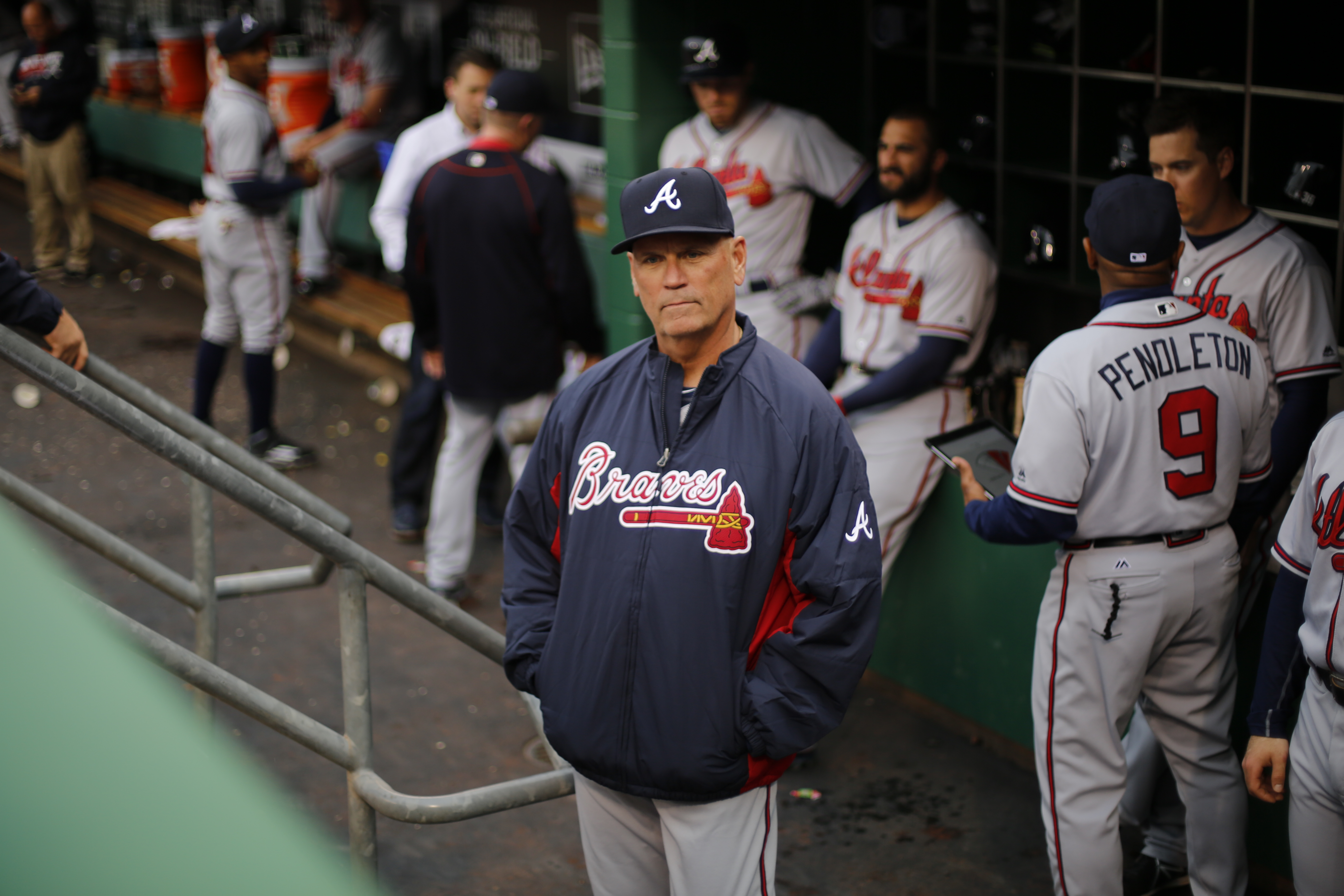 Atlanta Braves' Nick Markakis stands in the dugout before the
