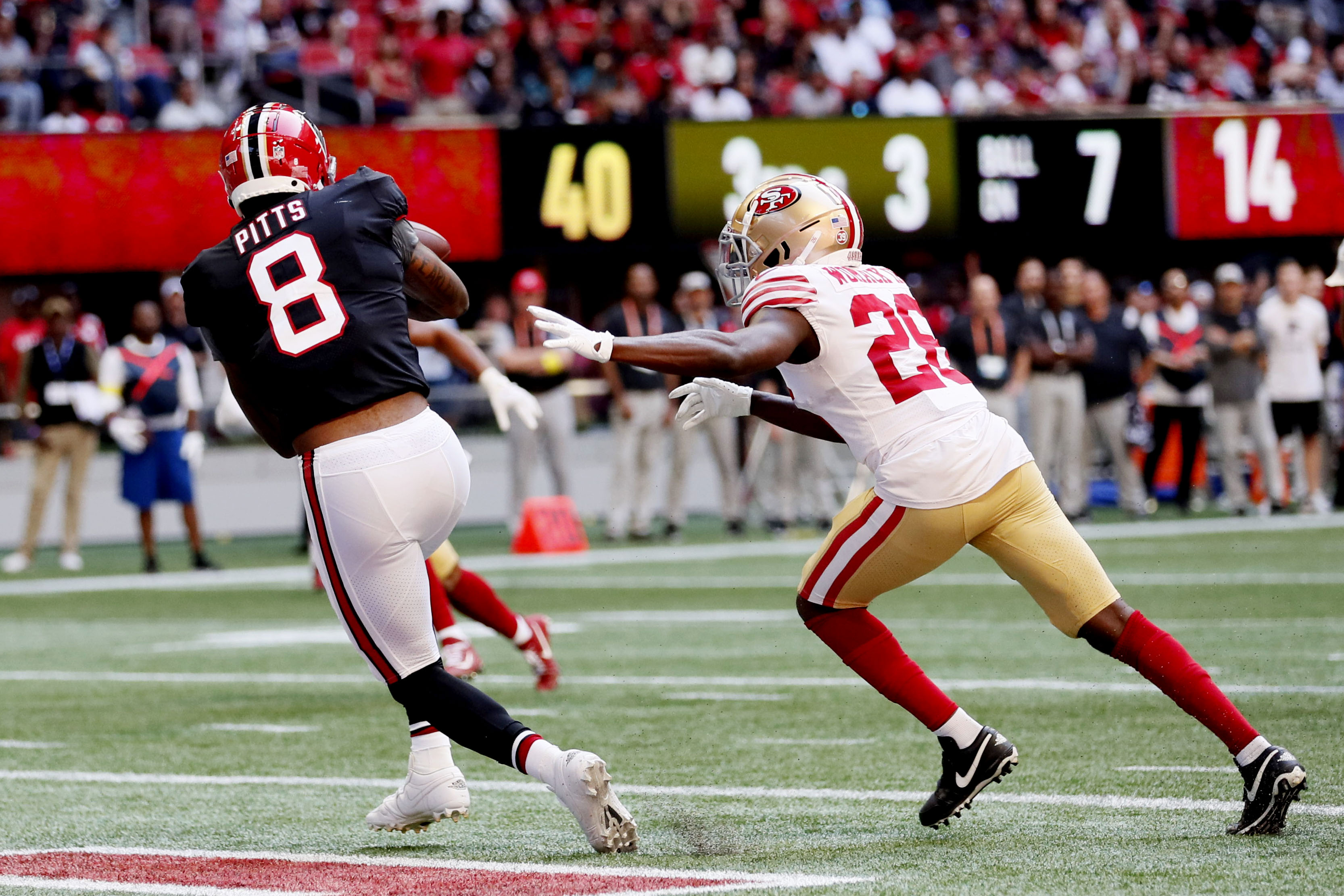 San Francisco 49ers defensive end Kemoko Turay (53) works against Atlanta  Falcons tight end Kyle Pitts (8) during the first half of an NFL football  game, Sunday, Oct. 16, 2022, in Atlanta.