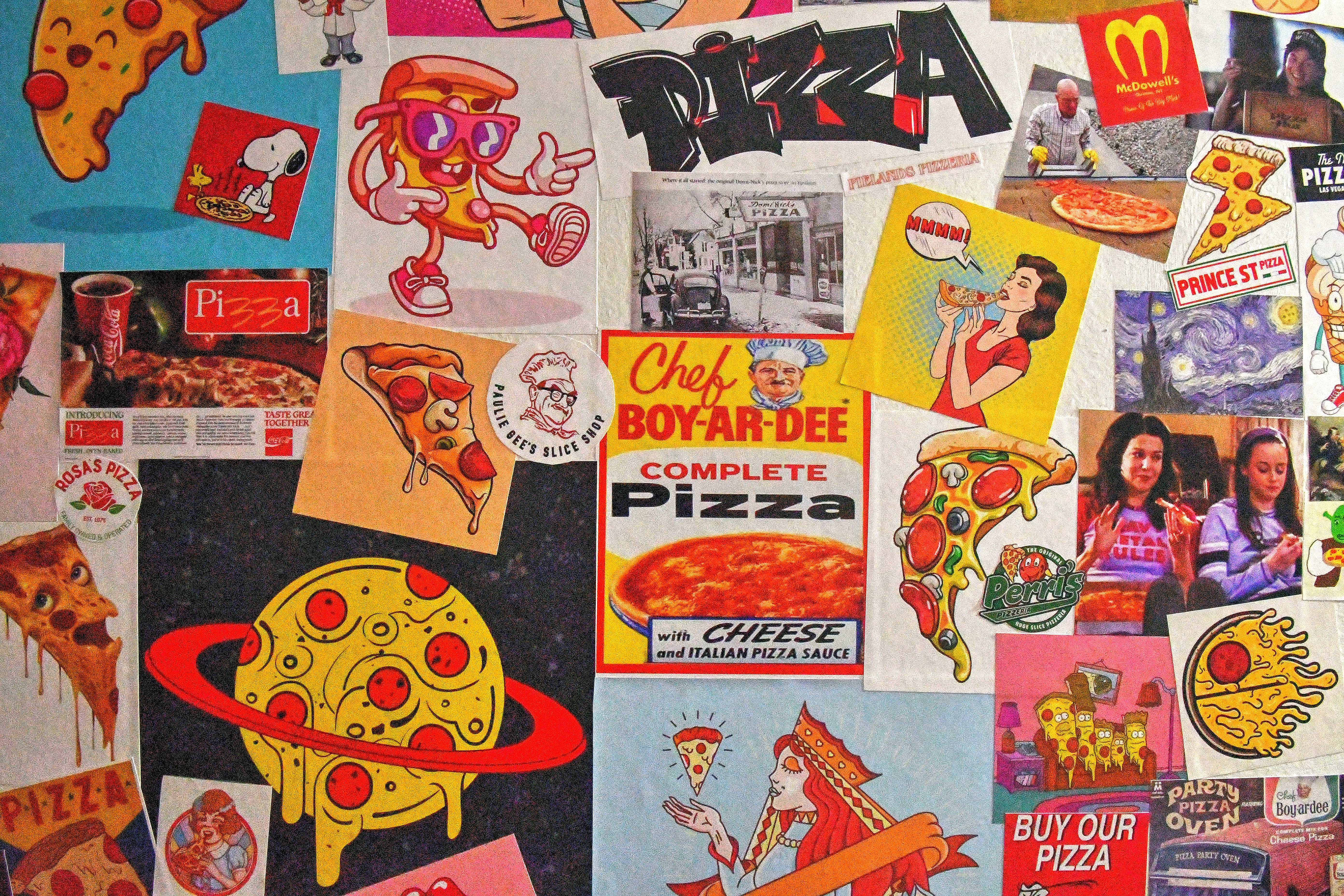Floor-to-ceiling pizza-related stickers cover the bathroom's walls at Pielands Sub & Slice. (Chris Hunt for The Atlanta Journal-Constitution)