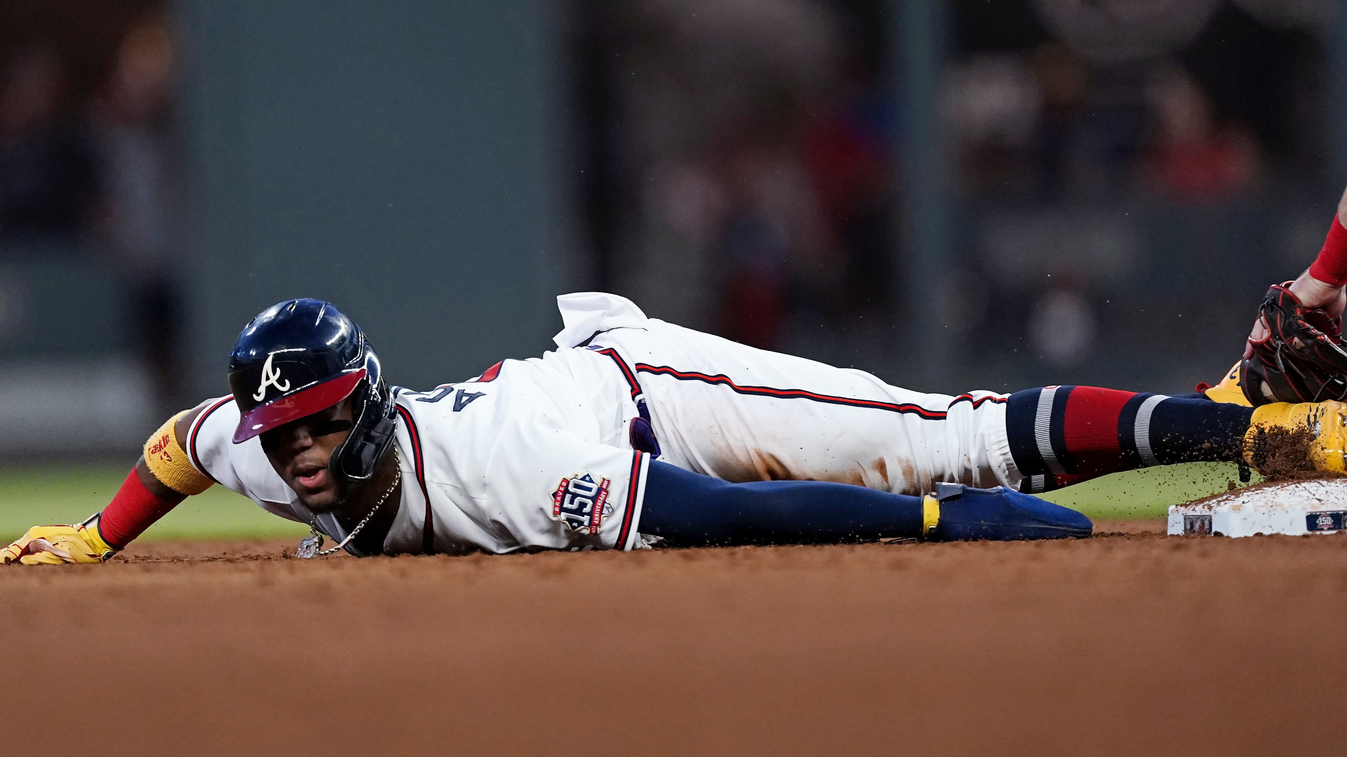 Braves' Ronald Acuña Jr. hit on the left elbow by a pitch, leaves game;  X-rays negative - NBC Sports