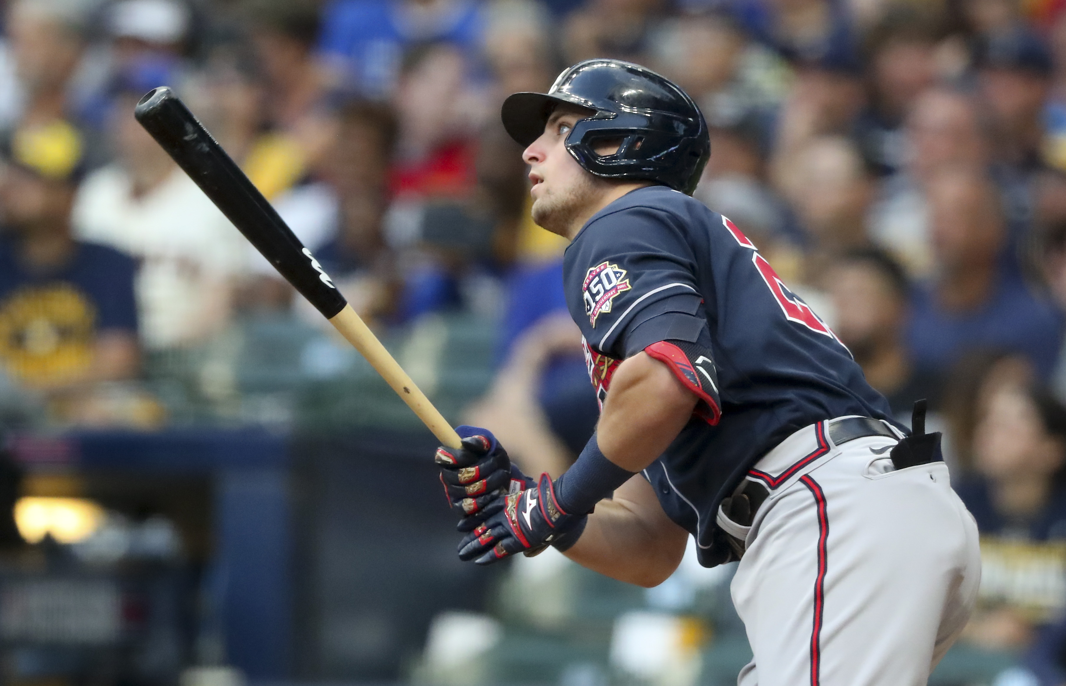 Braves third baseman Austin Riley (27) hits a solo homer in the sixth inning. Curtis Compton / Curtis.Compton@ajc.com