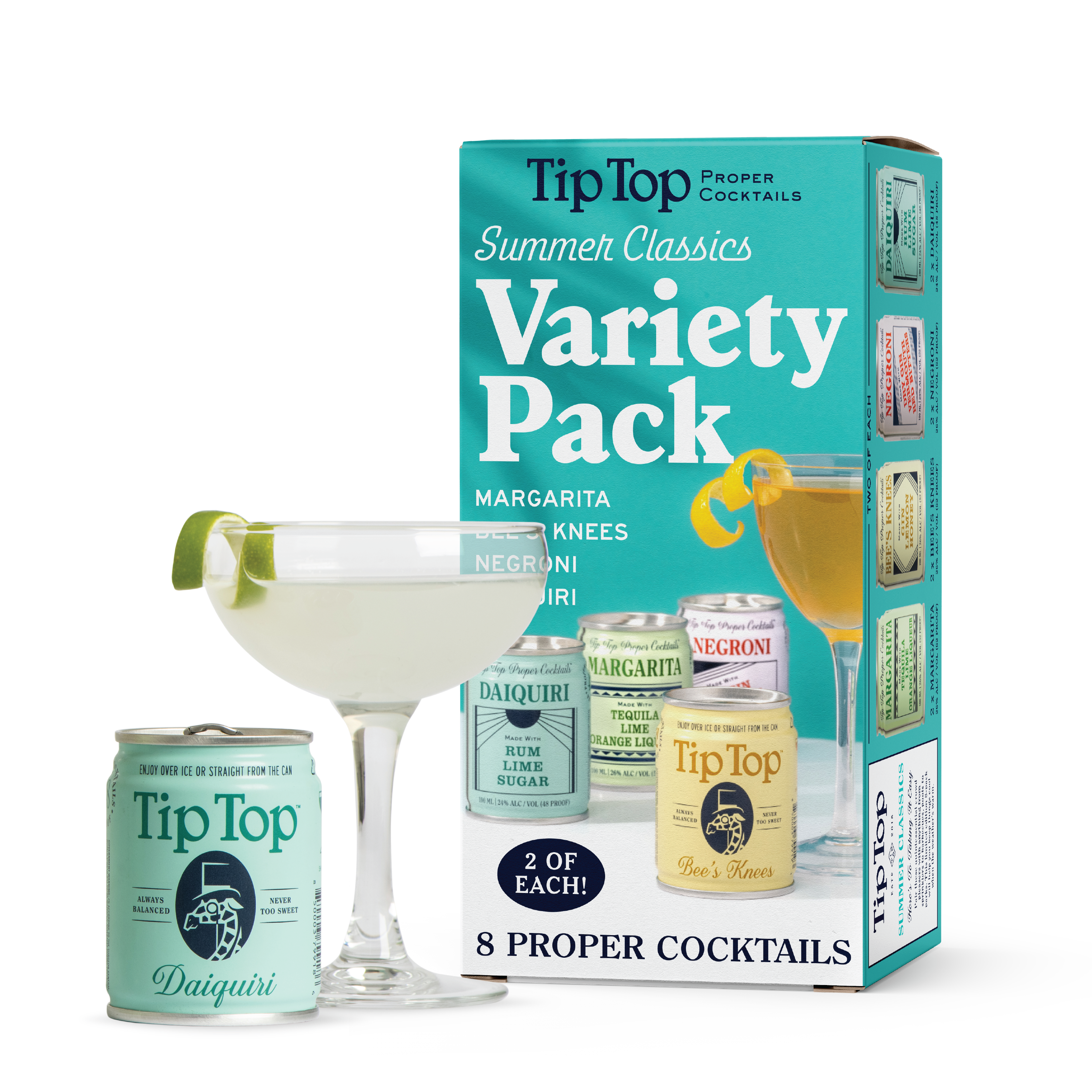 Tip Top's new Summer Classics eight-pack has two each of four of the line's ready-to-drink canned cocktails. Courtesy of Tip Top Proper Cocktails