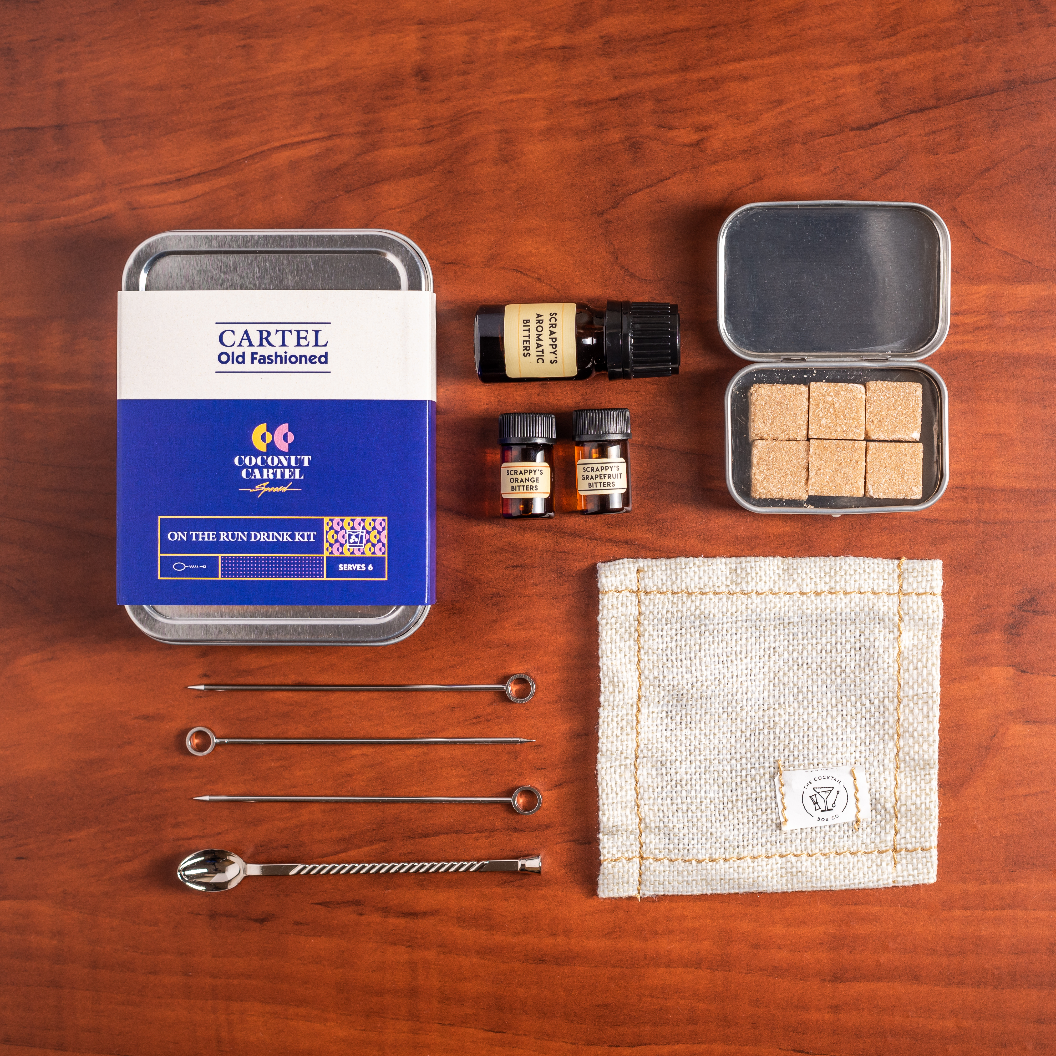 Inside Coconut Cartel’s tiny travel tin is everything you need to make six Old-Fashioned cocktails; just add booze.
Courtesy of Coconut Cartel
