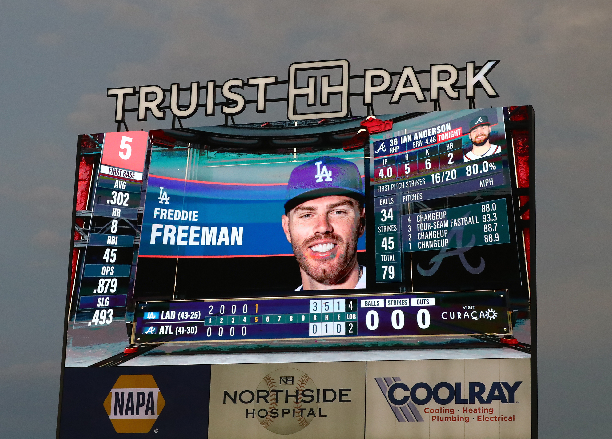 062422 Atlanta: The Truist Park screen shows former Atlanta Braves first baseman Freddie Freeman in Los Angles Dodgers blue while he bats against the Braves in a MLB baseball game on Friday, June 24, 2022, in Atlanta. “Curtis Compton / Curtis.Compton@ajc.com”