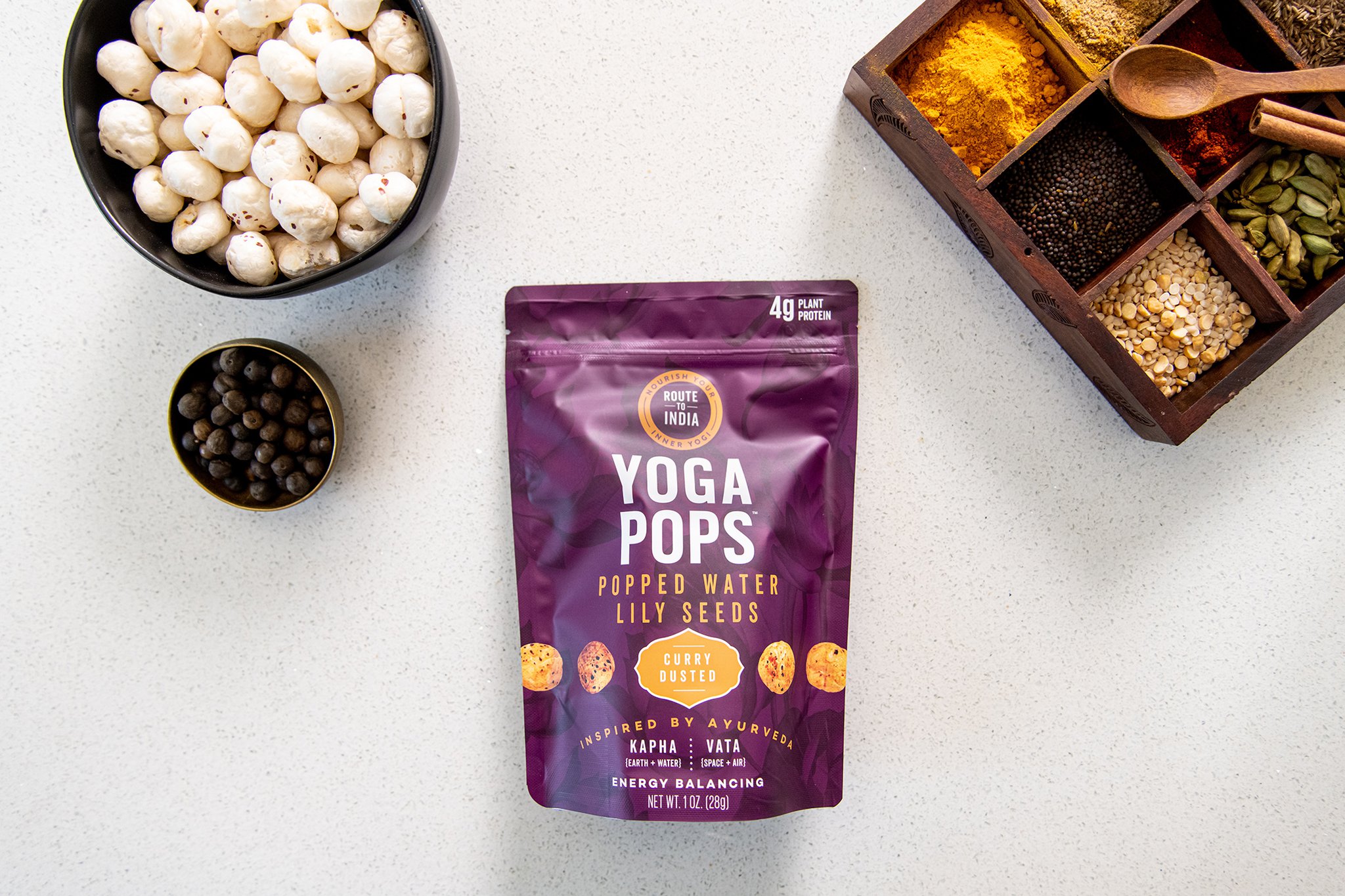 Yoga Pops are made from popped, roasted water lily seeds, flavored with seasonings that uphold ayurvedic principles. CONTRIBUTED BY ROUTE TO INDIA
