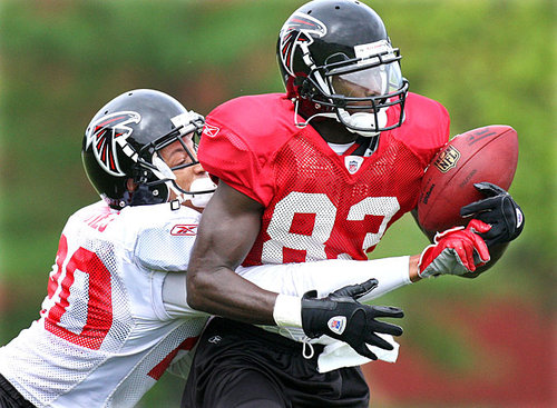 Cornerback Brent Grimes breaks up a pass to wide receiver Harry Douglas.