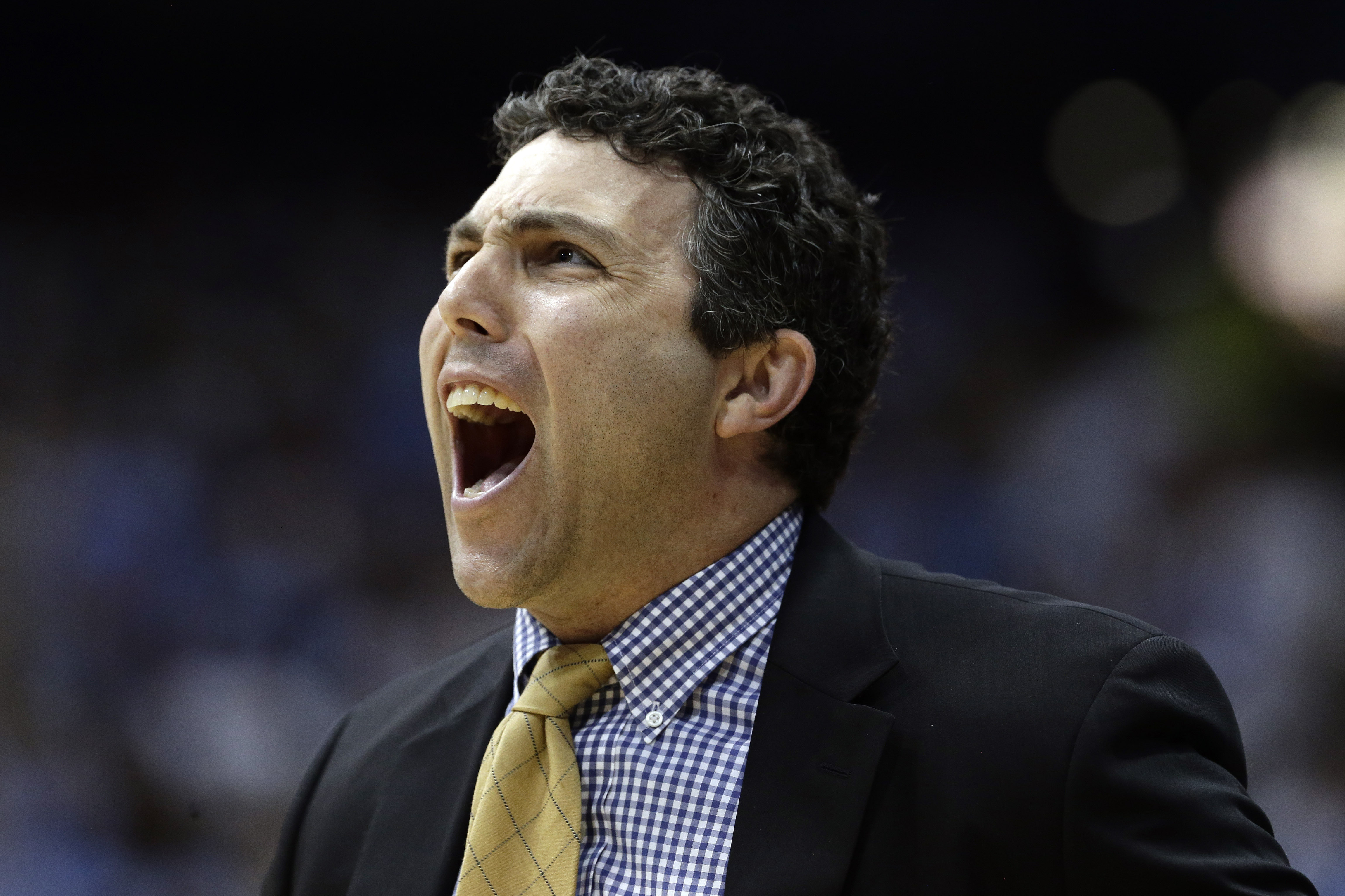 Georgia Tech coach Josh Pastner reacts during the first half of the team's NCAA college basketball game against North Carolina in Chapel Hill, N.C., Saturday, Jan. 4, 2020. (AP Photo/Gerry Broome)