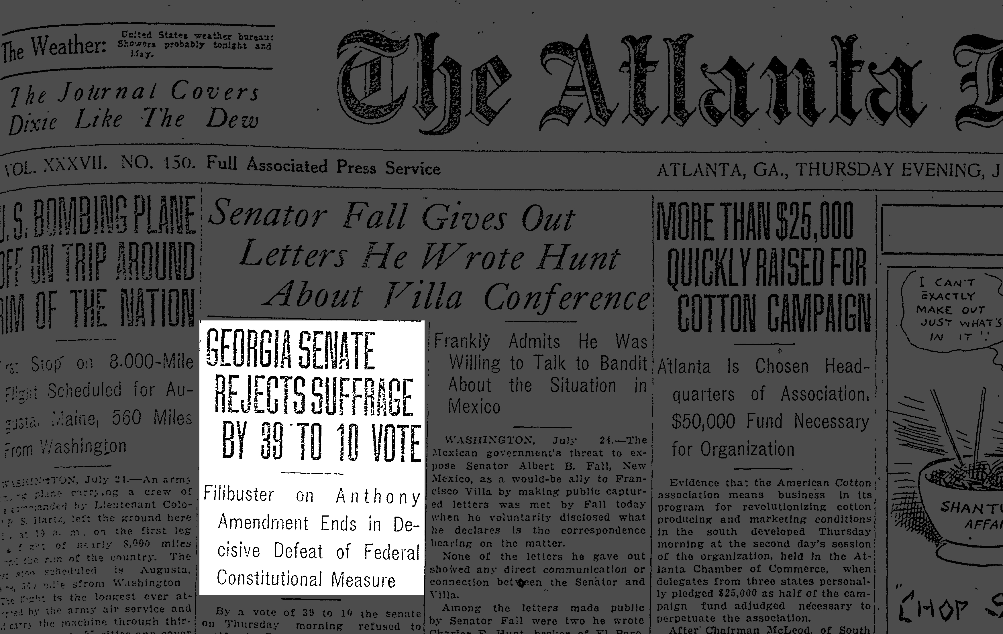 The July 24, 1919, edition of The Atlanta Journal reported on Georgia's rejection of the 19th Amendment.