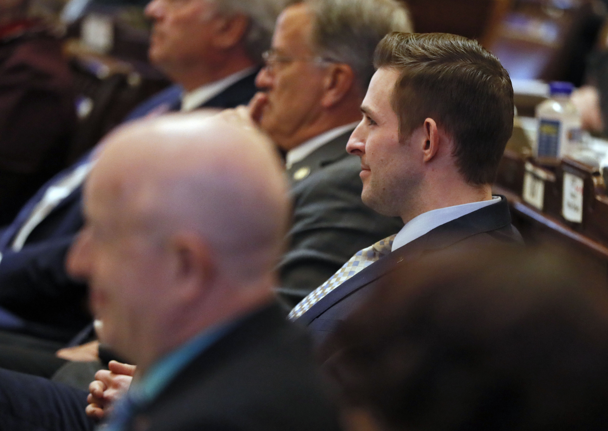 2/25/19 - Atlanta - Rep. David Clark, R - Buford, watches House Speaker David Ralston during Morning Orders this morning where Ralston addressed accusations that he has abused his authority. Clark has called for Ralston's resignation. Several Republican lawmakers signed onto a resolution calling for Georgia House Speaker David Ralston to resign over his use of power to delay cases of defendants accused of crimes. Bob Andres / bandres@ajc.com