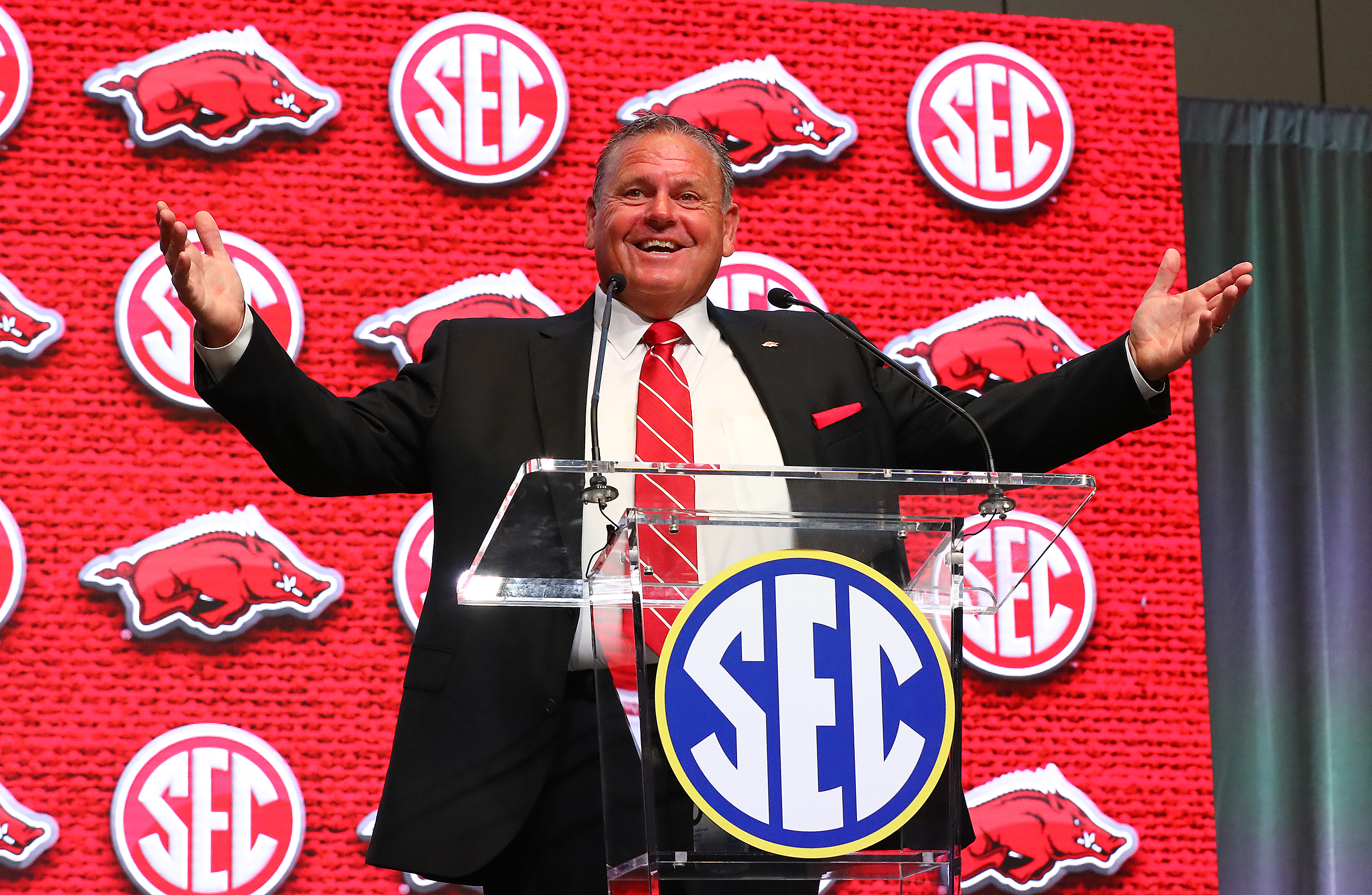 072022 Atlanta: Arkansas head football coach Sam Pittman speaks at SEC Media Days in the College Football Hall of Fame on Wednesday, July 20, 2022, in Atlanta. “Curtis Compton / Curtis Compton@ajc.com”