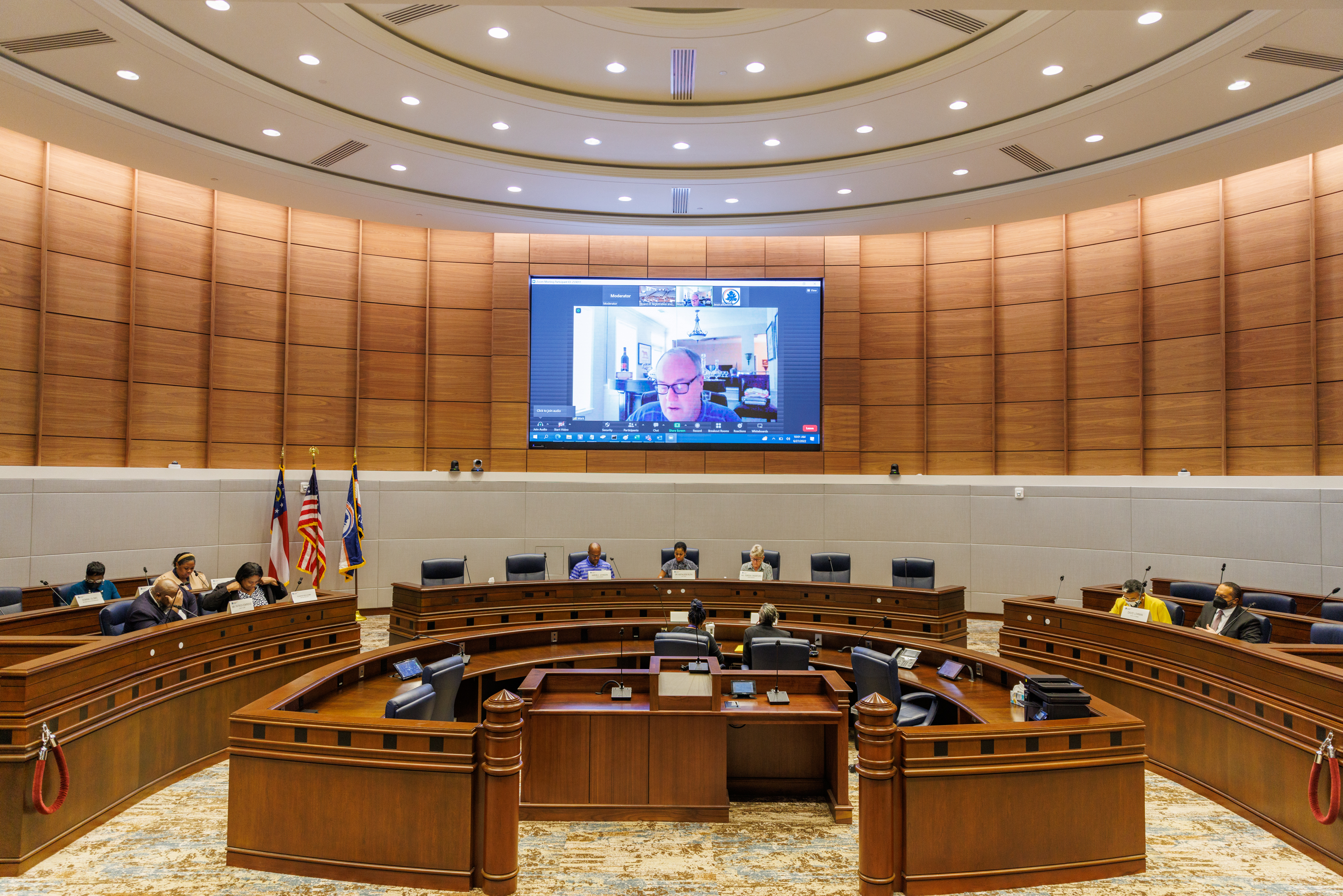 The Fulton County Board of Registration and Elections meets at the Assembly Hall of the Fulton County Government Center to certify the June general primary run-off election on Monday, June 27, 2022. (Arvin Temkar / arvin.temkar@ajc.com)