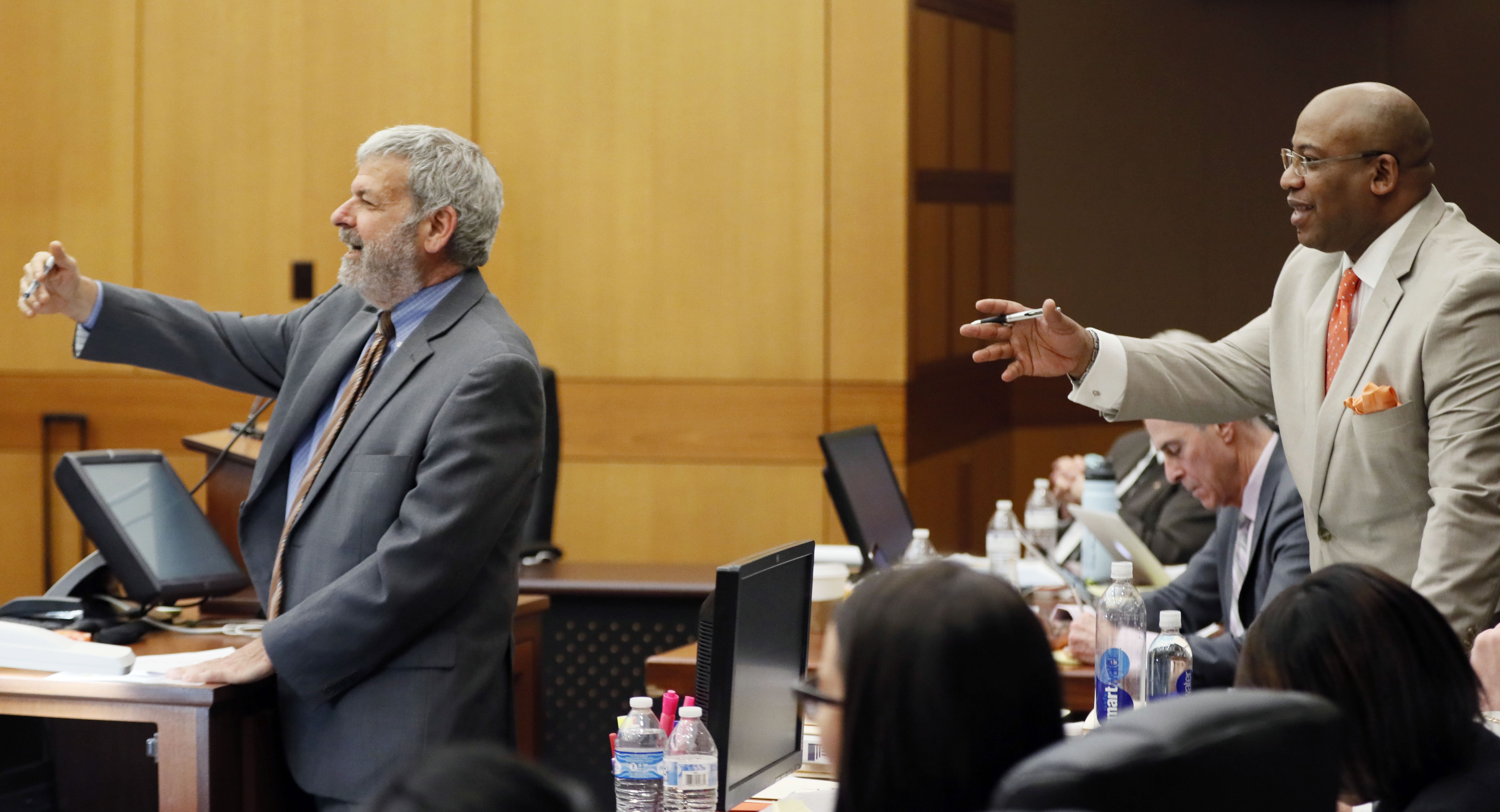 Defense co-counsel Don Samuel (left) and Chief Assistant District Attorney Clint Rucker on April 12, 2018, during the Tex McIver murder trial at the Fulton County Courthouse in Atlanta. (Bob Andres / bandres@ajc.com)