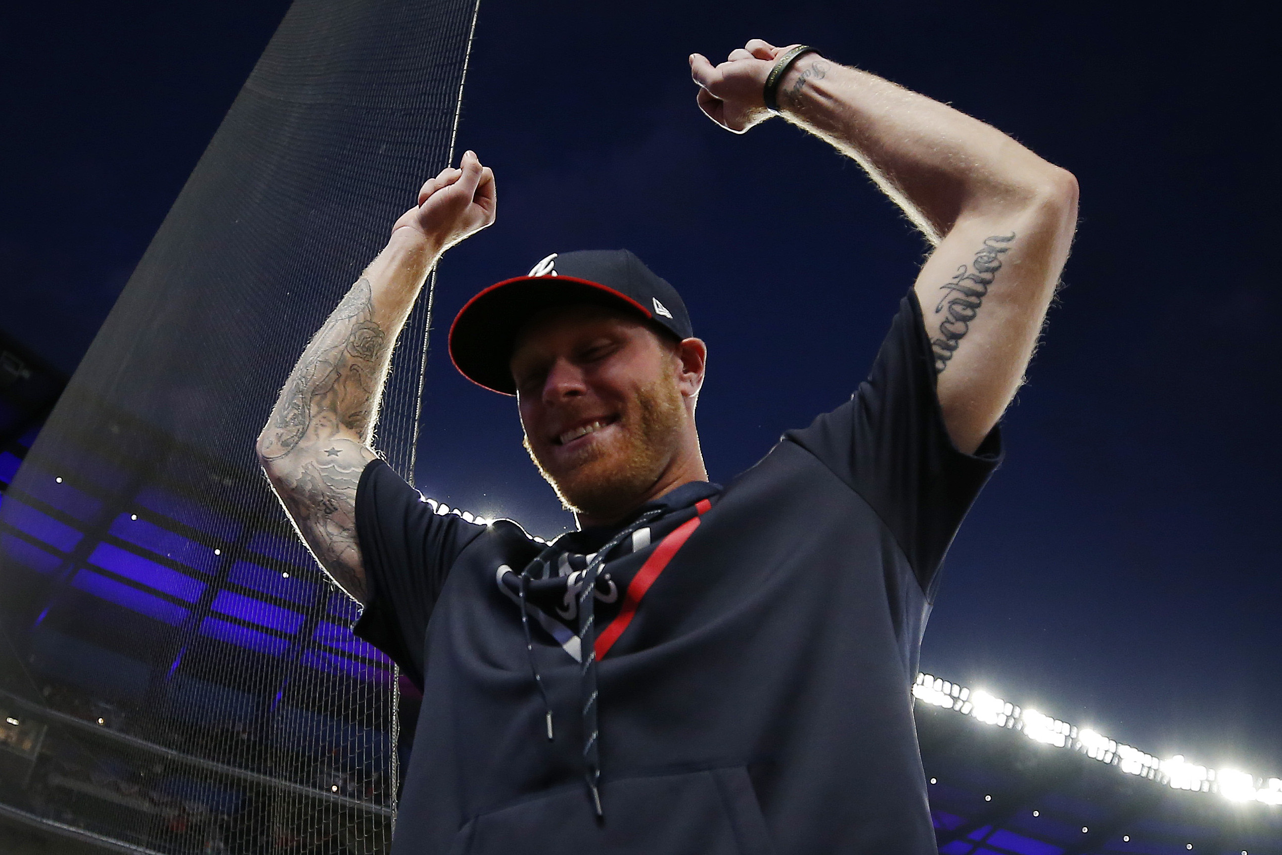 Mike Foltynewicz celebrates after the Braves defeated the St. Louis Cardinals 3-0. (Photo by Todd Kirkland/Getty Images)